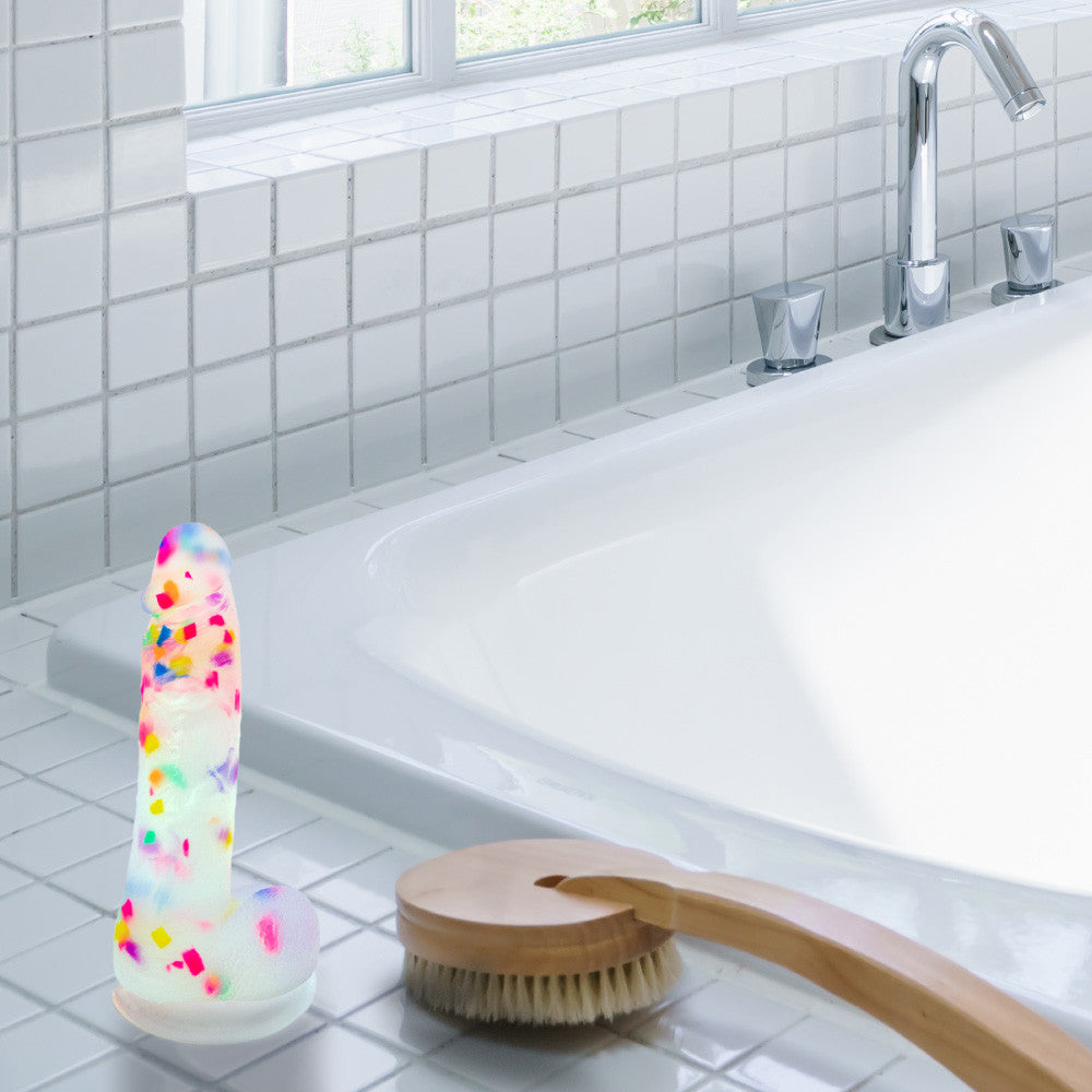 Addiction - Party Marty 7.5" Silicone Suction Cup Dildo With Balls - Frost & Confetti