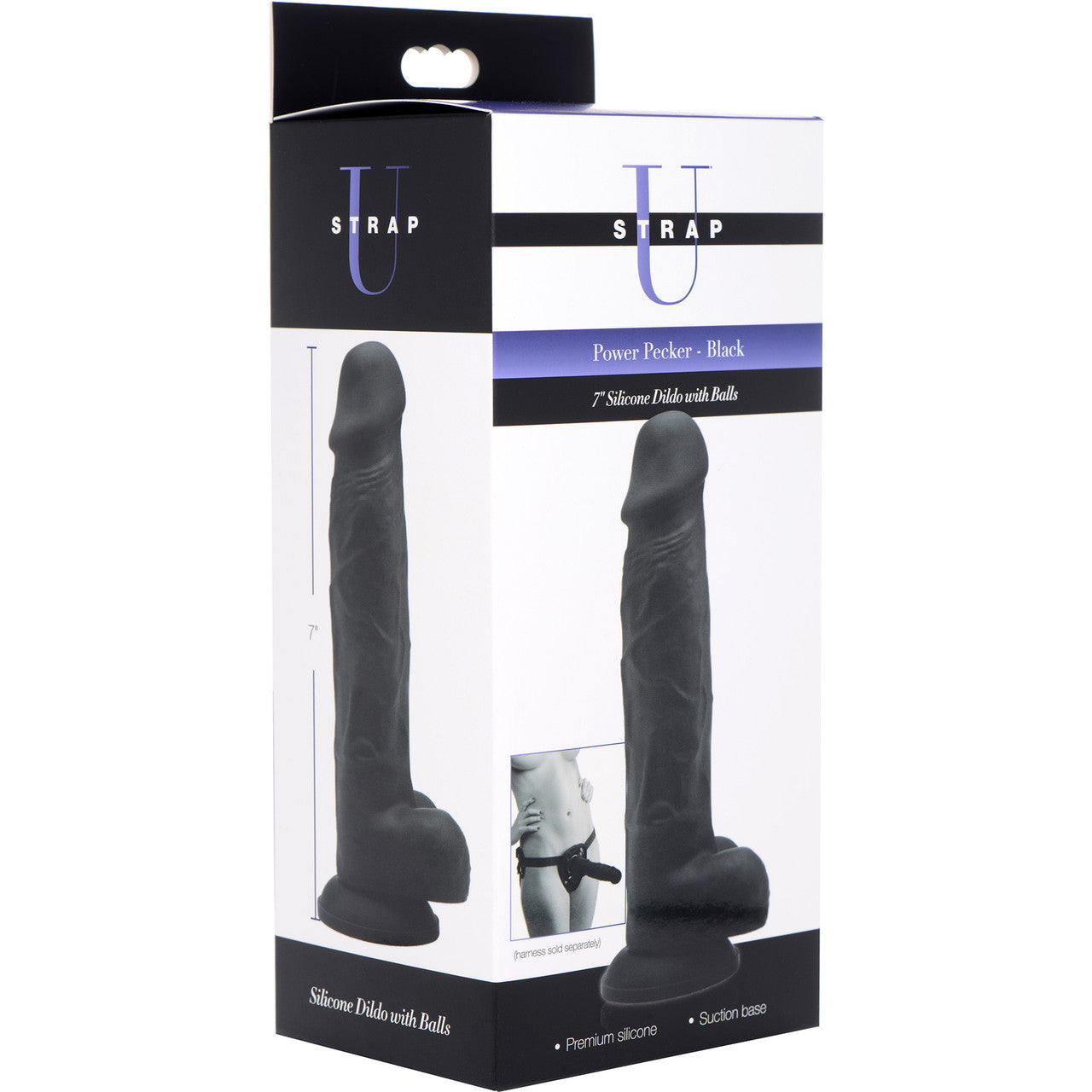 Strap U Power Pecker 7" Silicone Suction Cup Dildo With Balls - Black