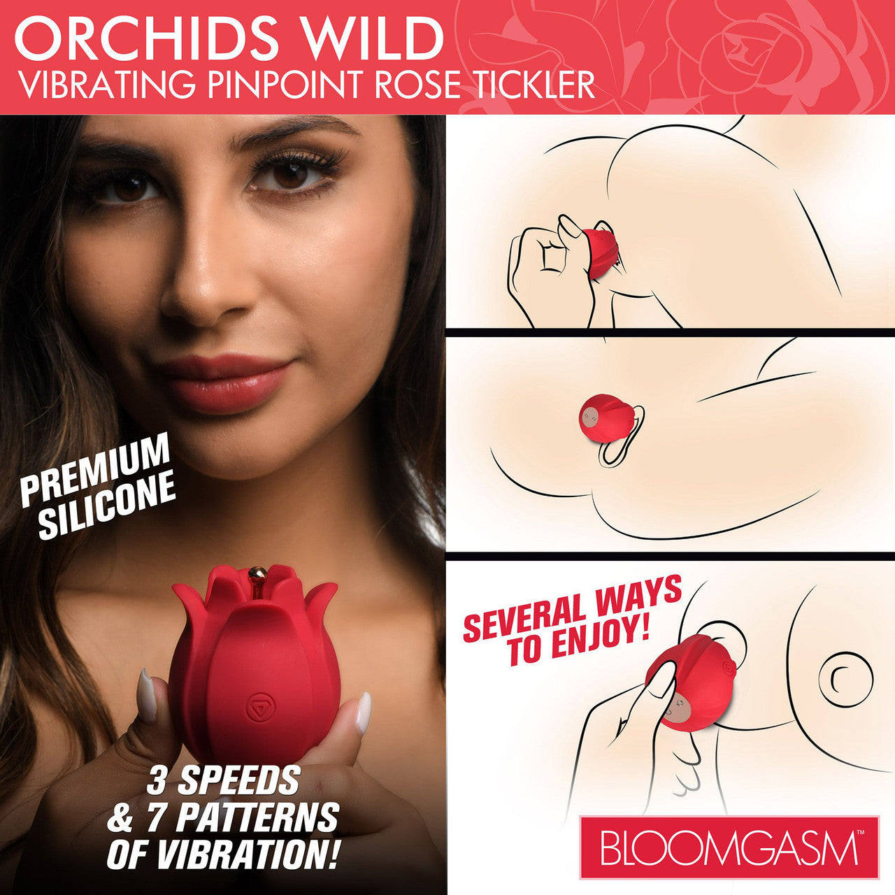 Bloomgasm Orchids Wild Vibrating Pinpoint Rose Tickler Rechargeable Silicone Clitoral Stimulator - Red