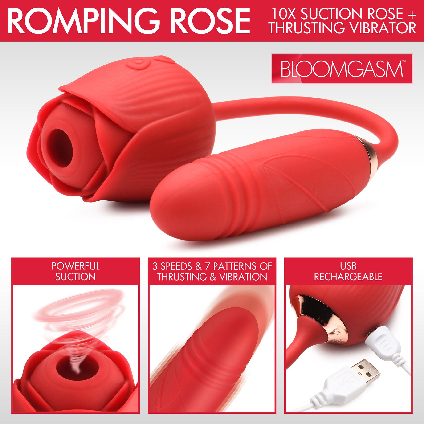 Bloomgasm Romping Rose 10X Rechargeable Silicone Suction Rose & Thrusting Vibrator