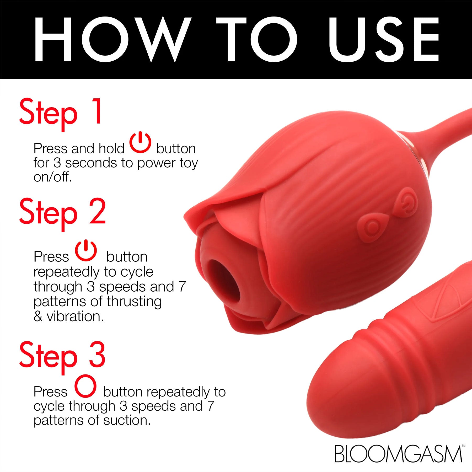 Bloomgasm Romping Rose 10X Rechargeable Silicone Suction Rose & Thrusting Vibrator