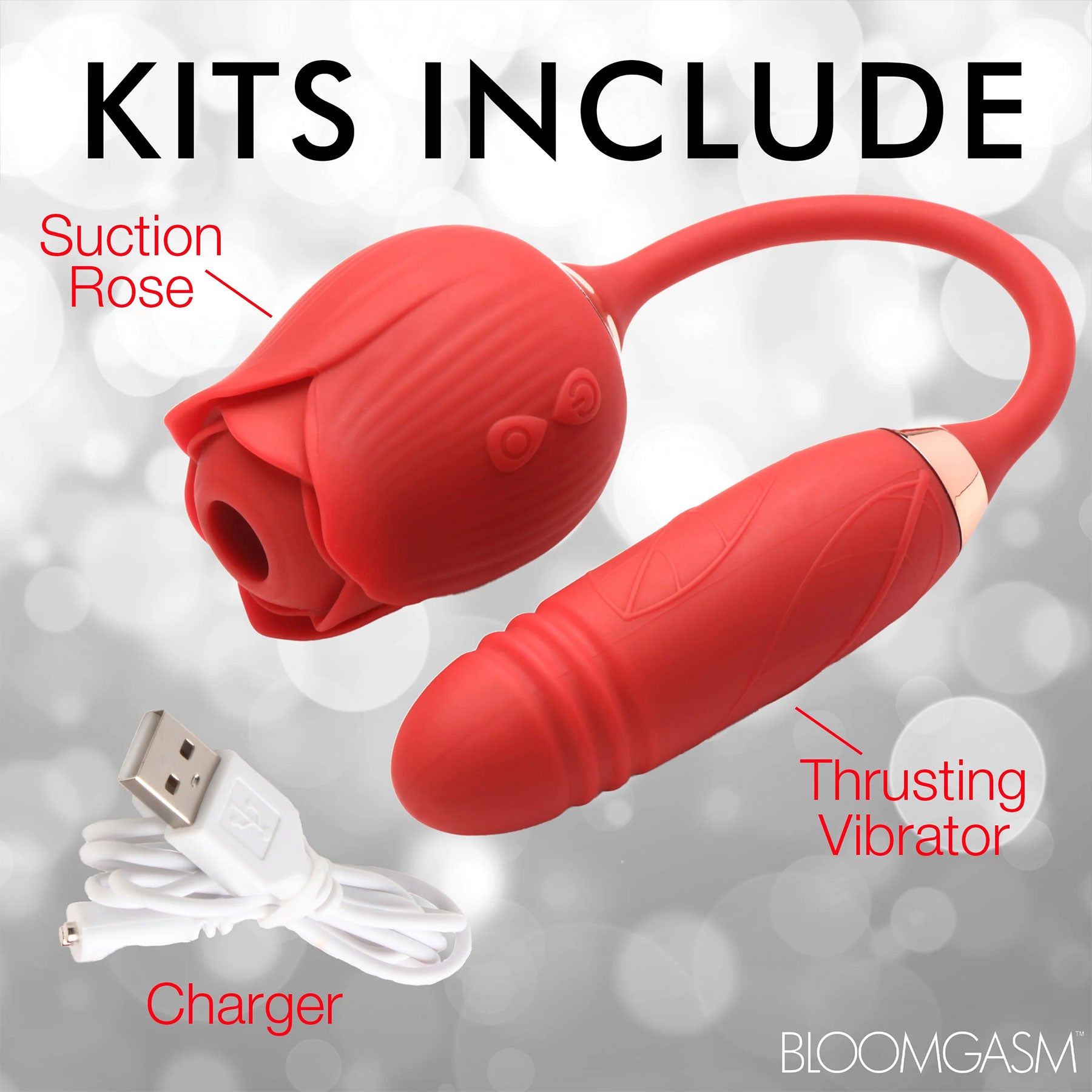 Bloomgasm Romping Rose 10X Rechargeable Silicone Suction Rose & Thrusting Vibrator
