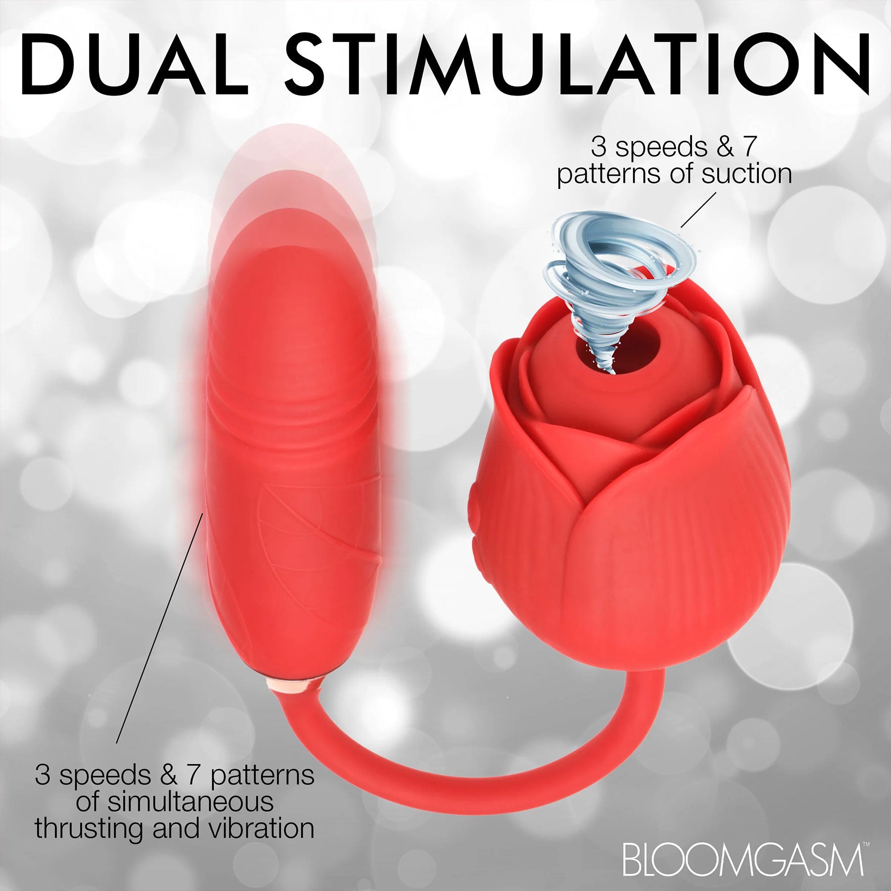 Bloomgasm Romping Rose 10X Rechargeable Silicone Suction Rose & Thrusting Vibrator