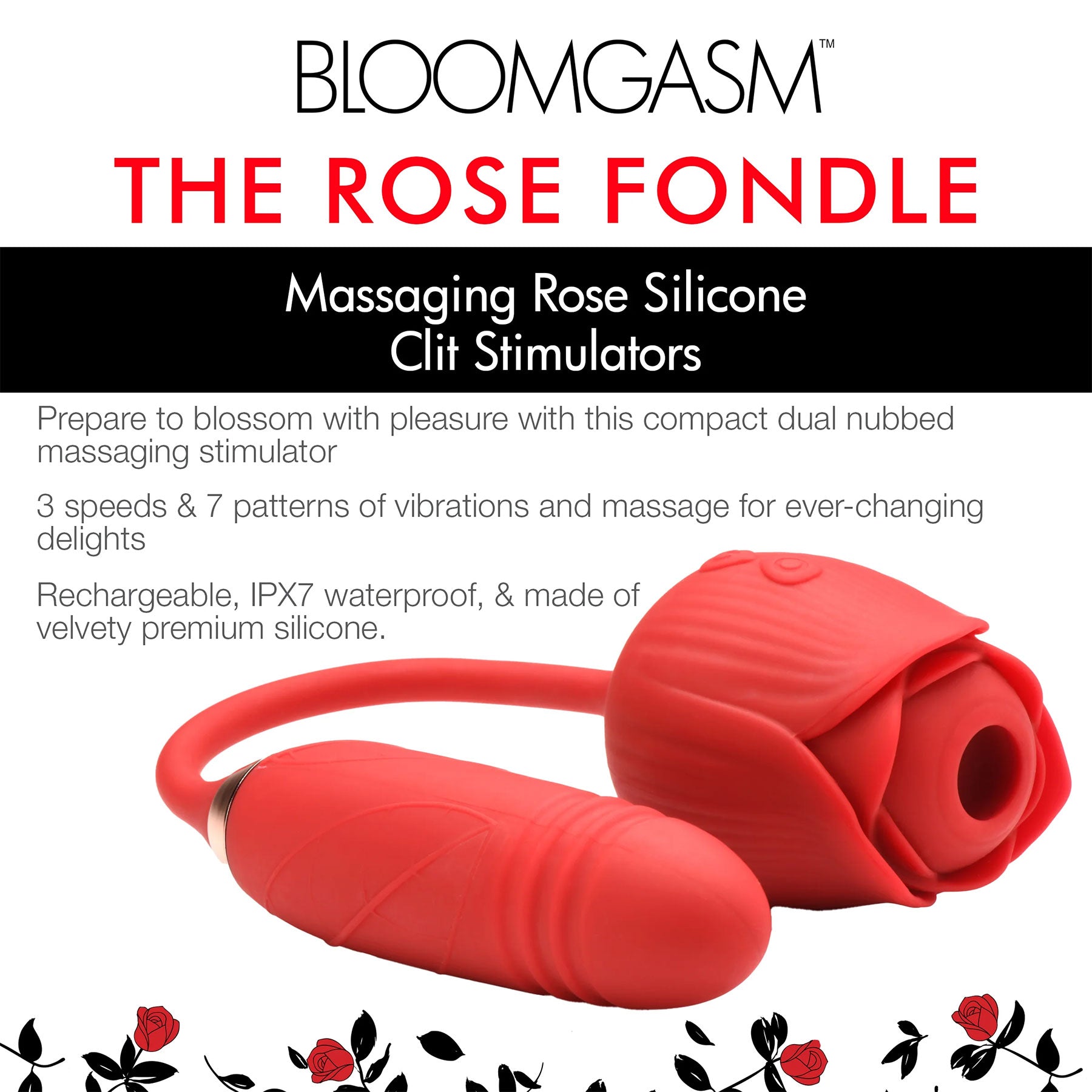 Bloomgasm Romping Rose 10X Rechargeable Silicone Suction Rose & Thrusting Vibrator