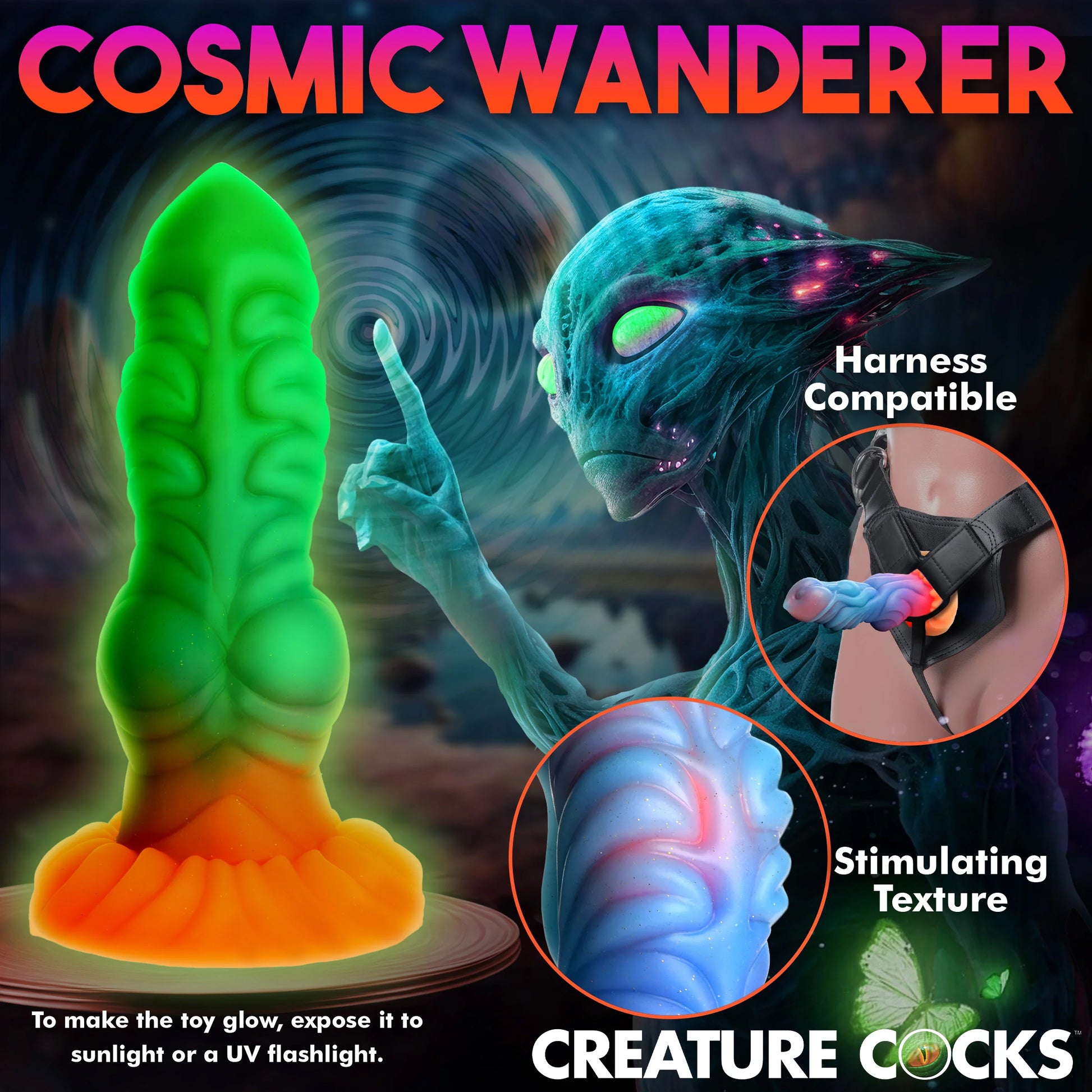 Alien Invader 8" Silicone Glow In The Dark Suction Cup Dildo By Creature Cocks