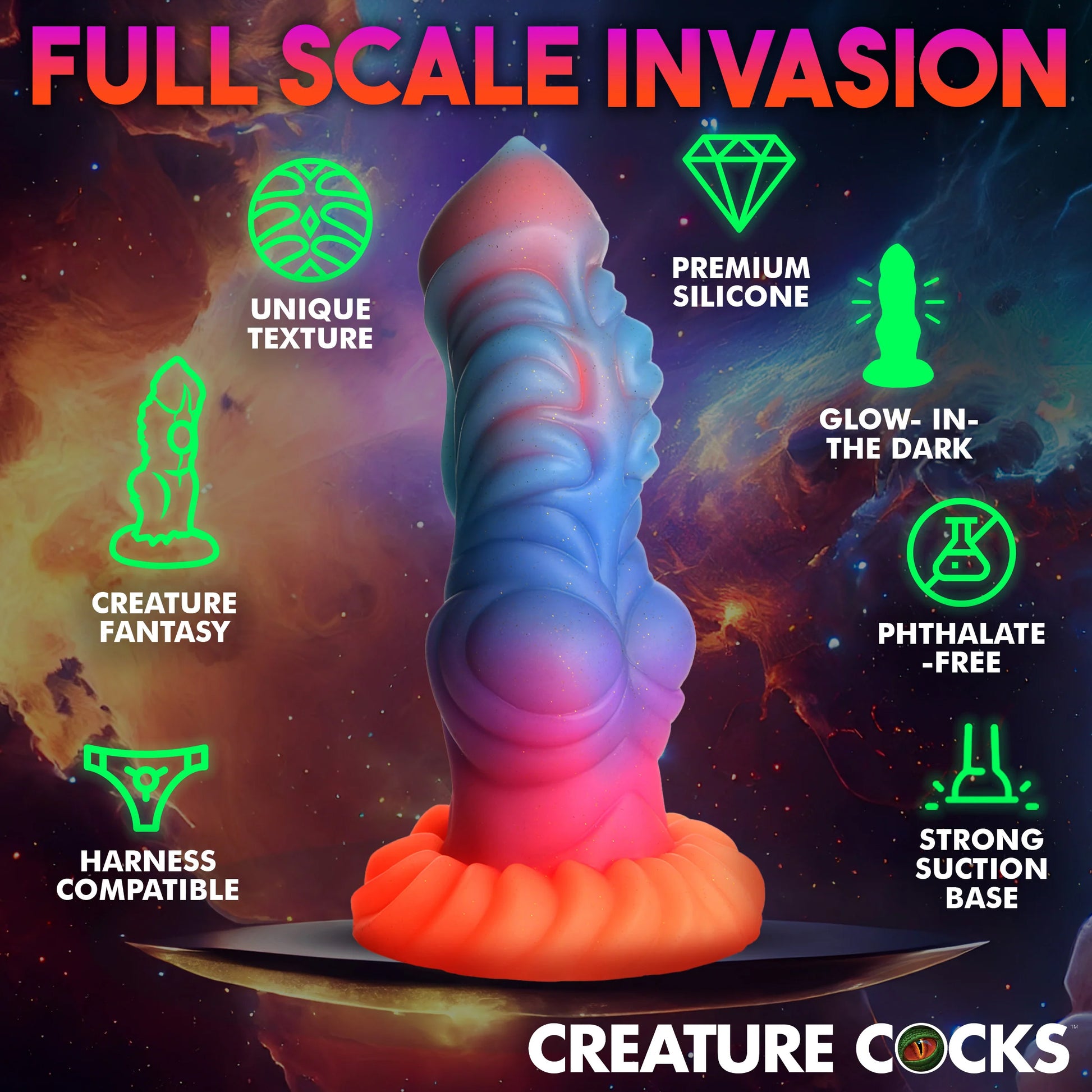 Alien Invader 8" Silicone Glow In The Dark Suction Cup Dildo By Creature Cocks