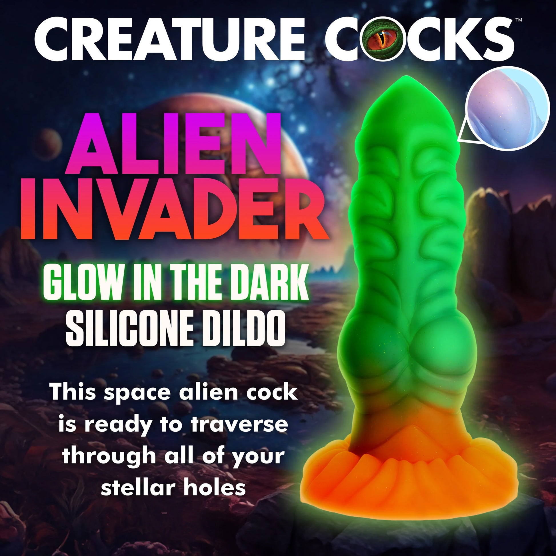 Alien Invader 8" Silicone Glow In The Dark Suction Cup Dildo By Creature Cocks