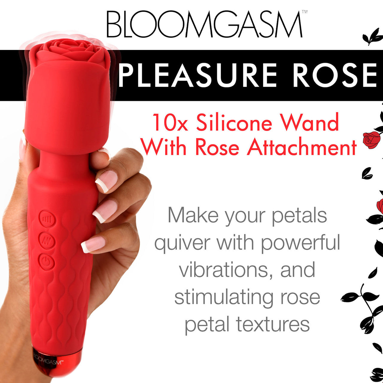 Bloomgasm Pleasure Rose 10X Rechargeable Silicone Wand Vibrator With Rose Attachment - Red