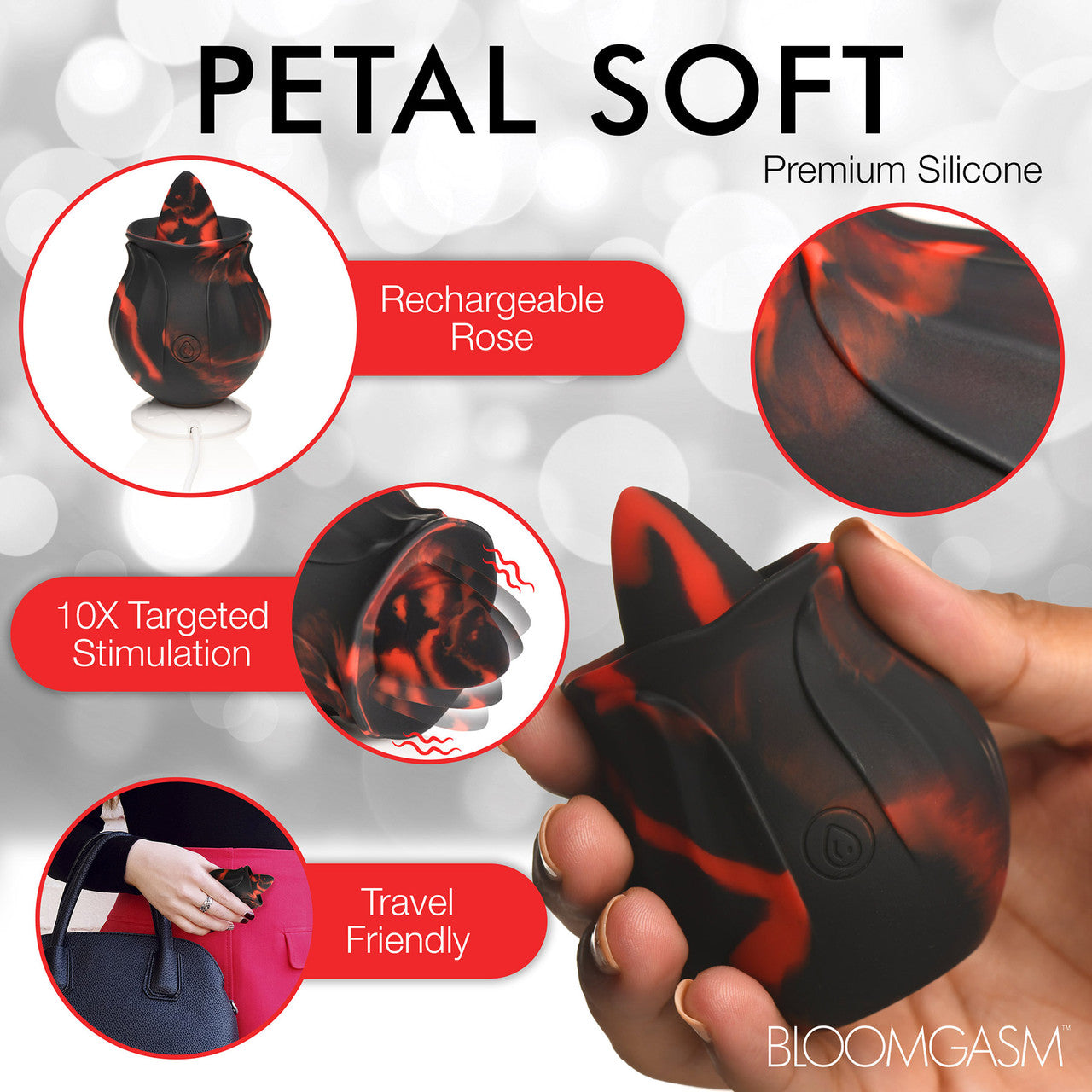 Bloomgasm Black Kiss Rimming Rose Rechargeable Flickering Tongue Vibrator - Black & Red
