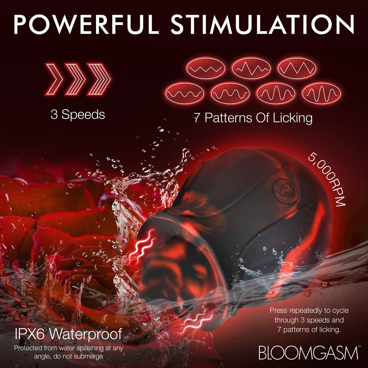 Bloomgasm Black Kiss Rimming Rose Rechargeable Flickering Tongue Vibrator - Black & Red