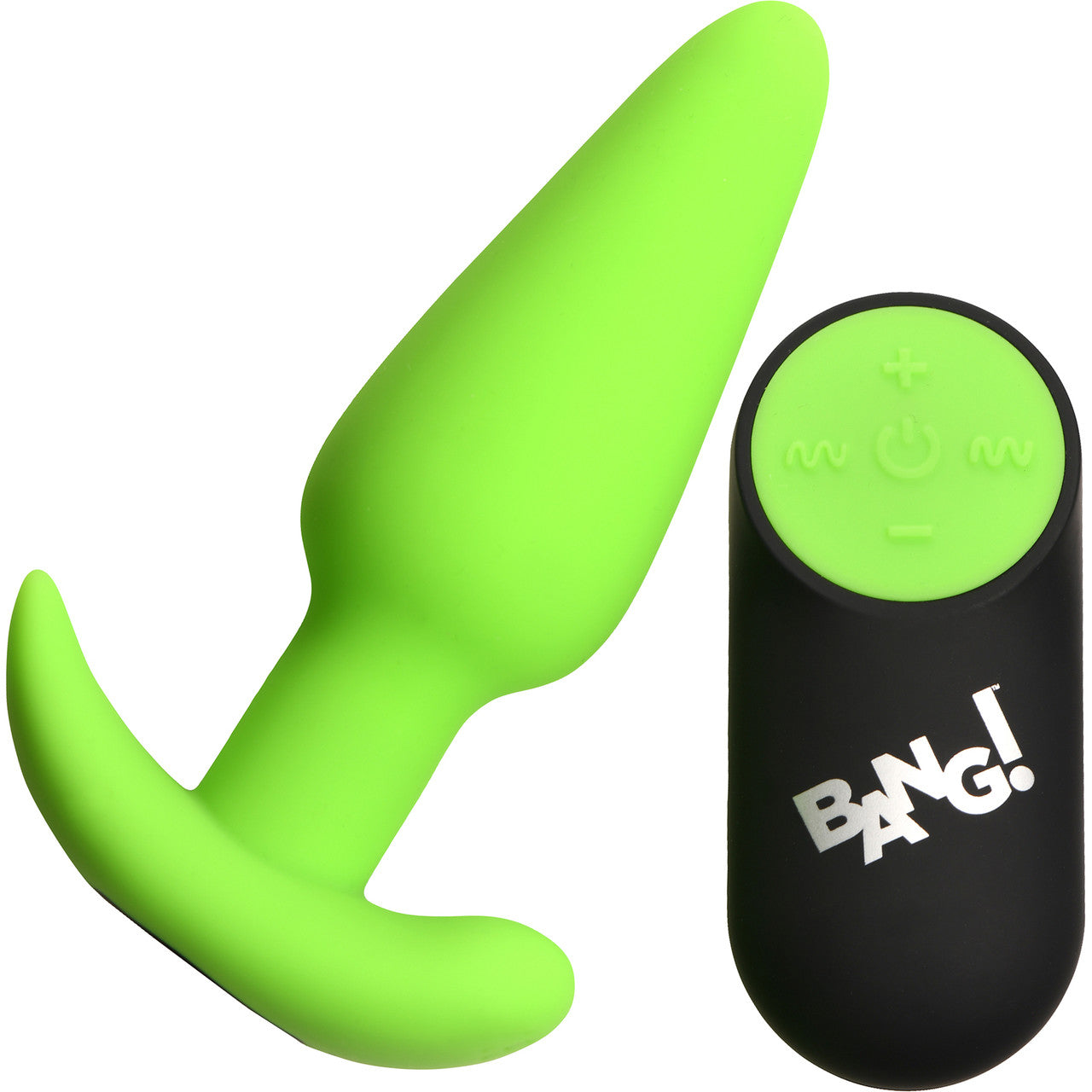 BANG! 21X Rechargeable Waterproof Vibrating Glow In The Dark Silicone Butt Plug With Remote - Green BANG! 21X Rechargeable Waterproof Vibrating Glow In The Dark Silicone Butt Plug With Remote - Green