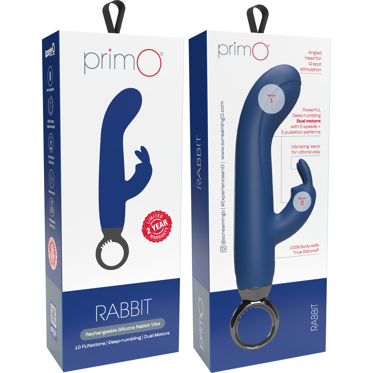 PrimO Rabbit Rechargeable Waterproof Silicone Dual Stimulation Vibrator By Screaming O - Blueberry