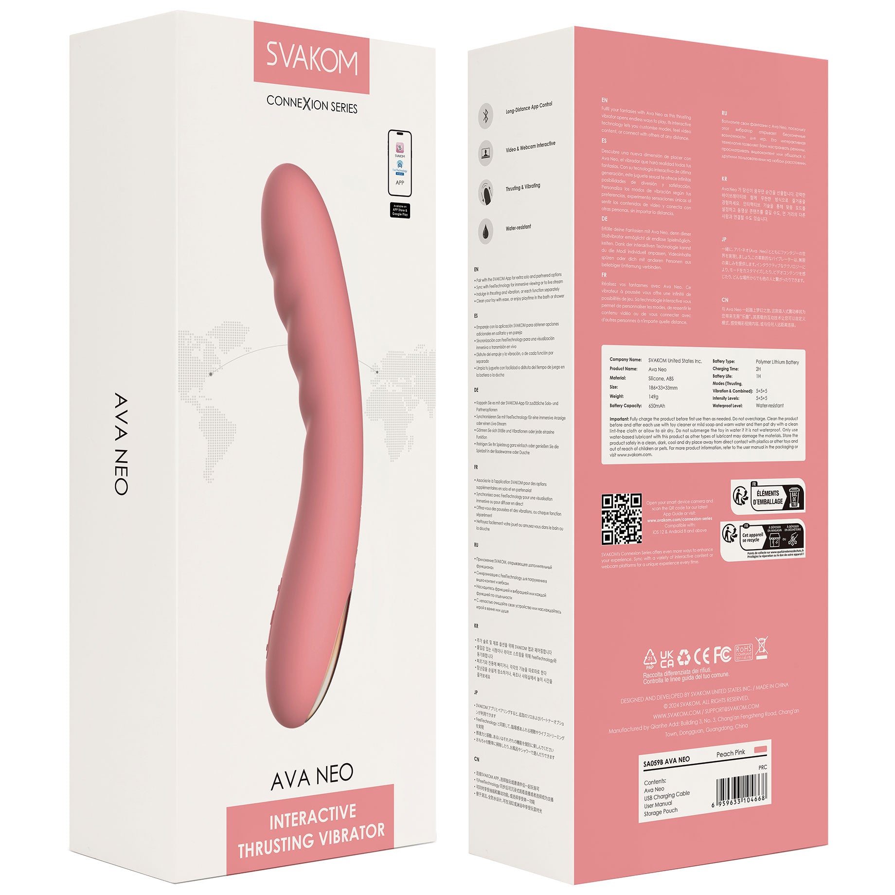 SVAKOM AVA NEO Waterproof Rechargeable Interactive Thrusting Silicone Vibrator - Pink