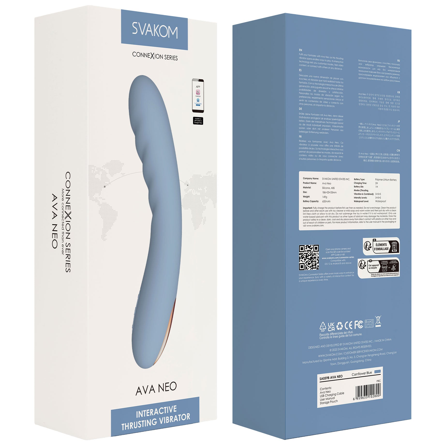 SVAKOM AVA NEO Waterproof Rechargeable Interactive Thrusting Silicone Vibrator - Blue