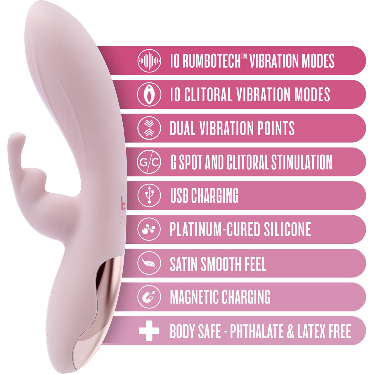 Morgan Rechargeable Silicone Rabbit Dual Stimulation Vibrator By Blush - Pink