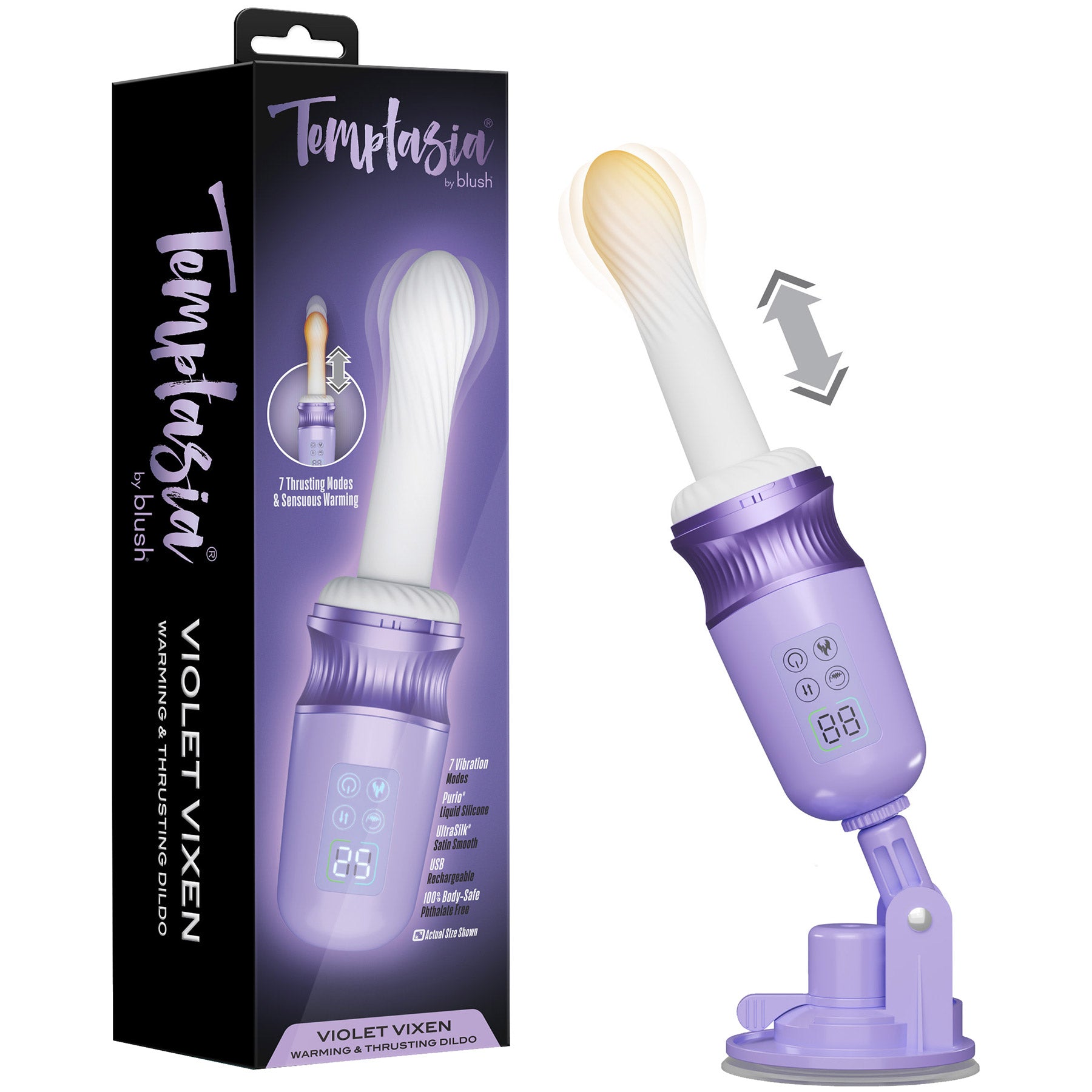 suction cup thrusting dildo Temptasia Violet Vixen Warming & Thrusting Silicone Vibrating Dildo With  Suction Cup Mount