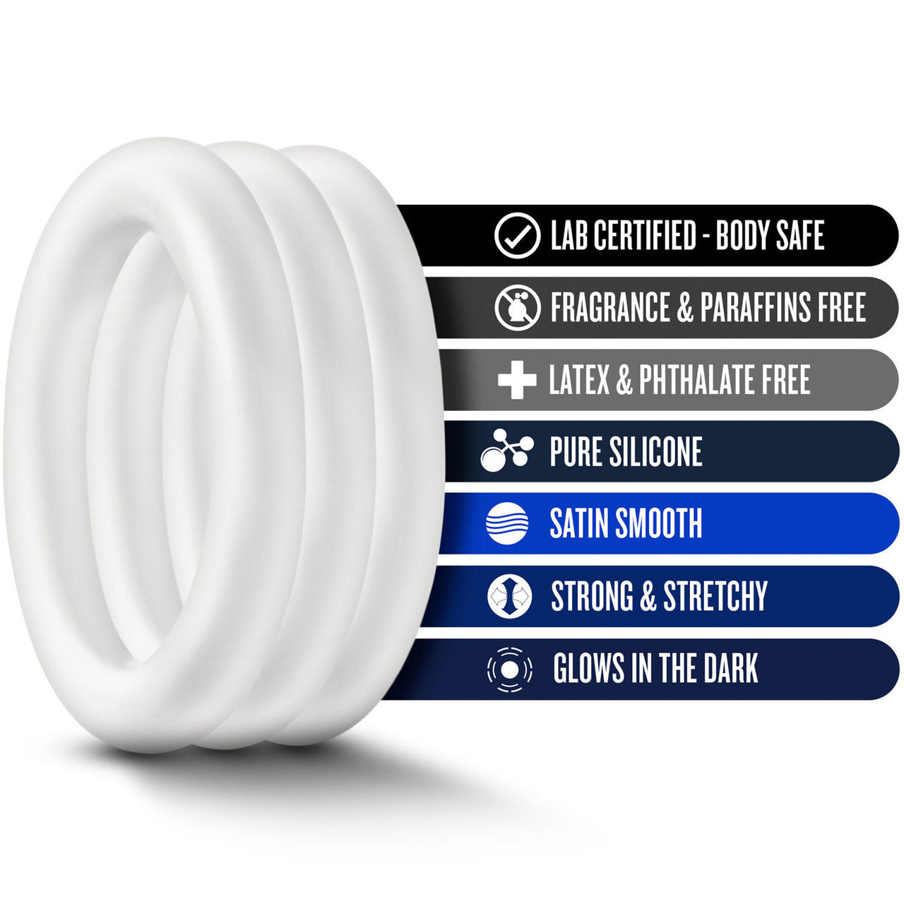 Performance VS2 Pure Premium Small Silicone Cock Rings By Blush Novelties - Glow-In-The-Dark White