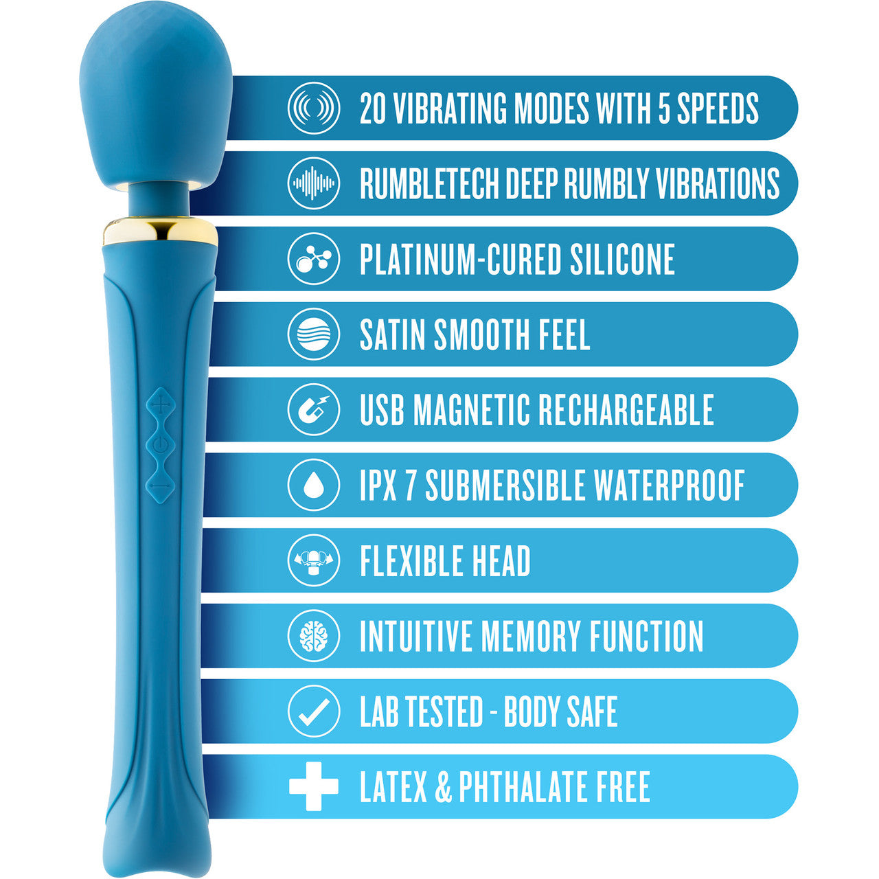 Dianna Rechargeable Waterproof Silicone Wand Style Vibrator By Blush - Teal