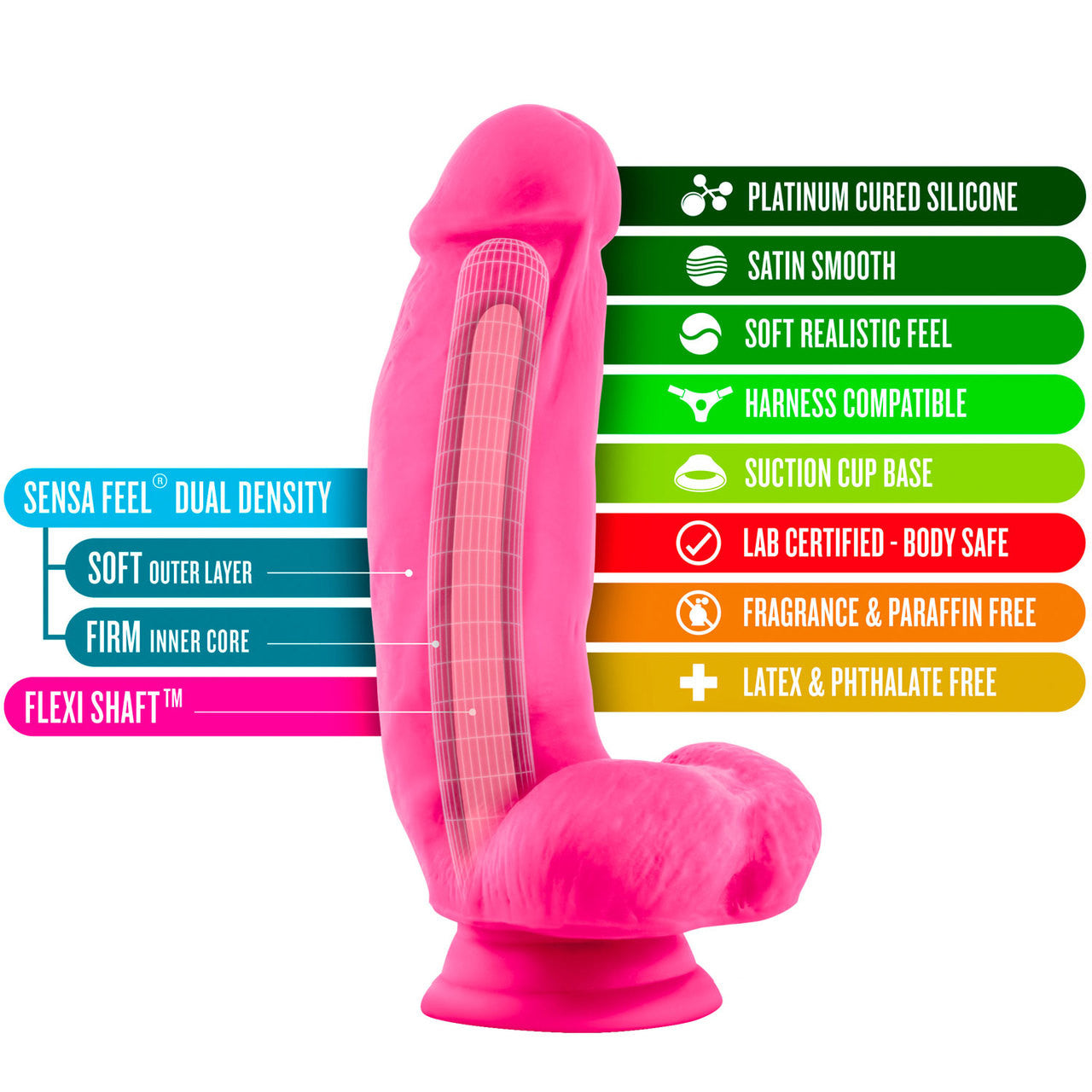 Neo Elite 7 Inch Dual Density Realistic Silicone Dildo With Balls by Blush - Neon Pink