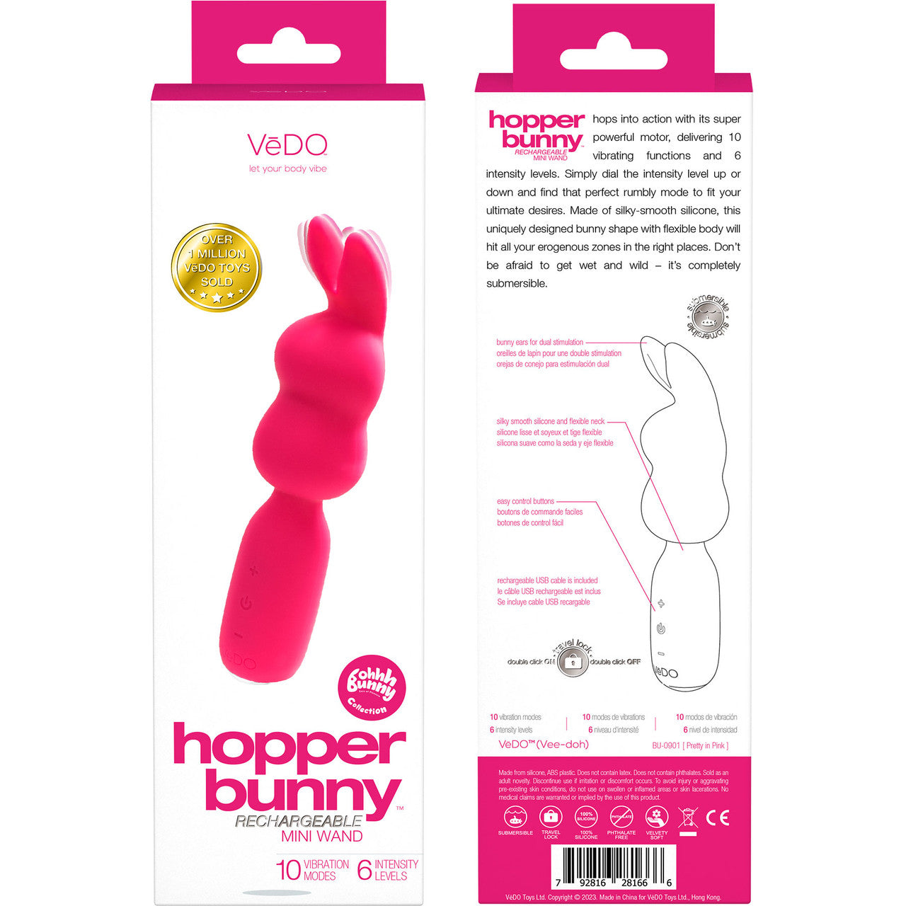 Hopper Bunny Rechargeable Waterproof Silicone Mini Wand Vibrator By VeDO - Pretty In Pink