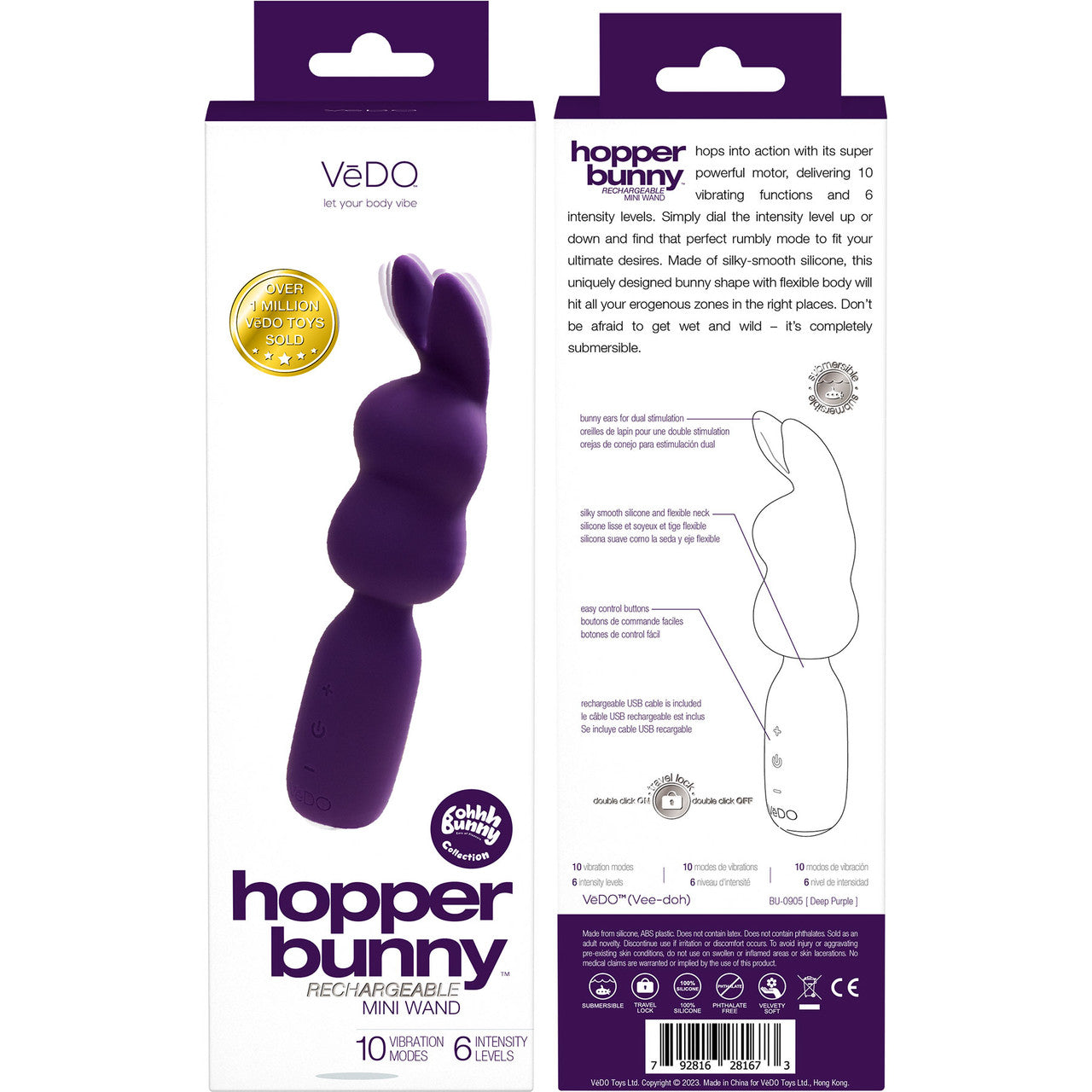 Hopper Bunny Rechargeable Waterproof Silicone Mini Wand Vibrator By VeDO - Deep Purple
