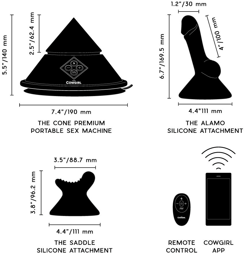 The Cowgirl Cone Remote & App Controlled Premium Silicone Sex Machine - Measurements