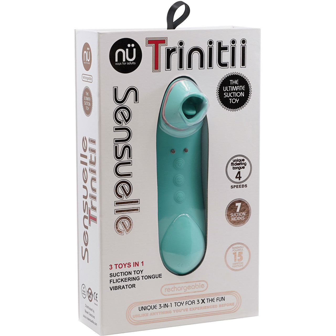 Trinitii 26-Function Rechargeable Flickering Tongue Vibrator With Suction By NU Sensuelle - Electric Blue