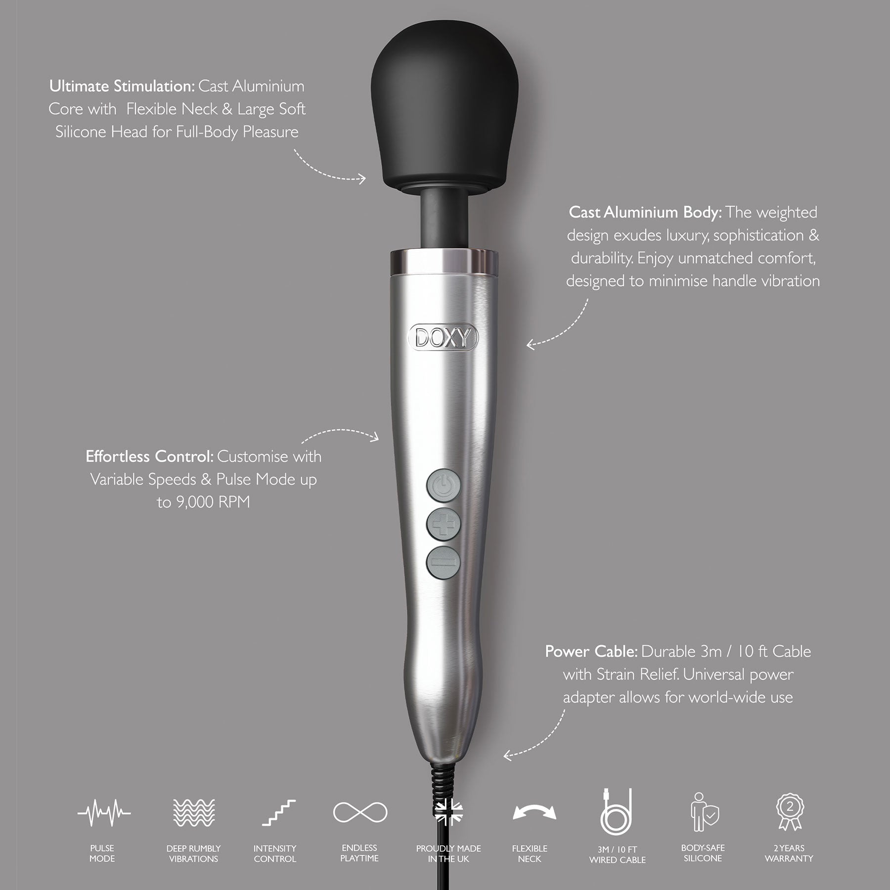 Doxy Die Cast Extra Powerful Massage Wand Vibrator - Features Graphic