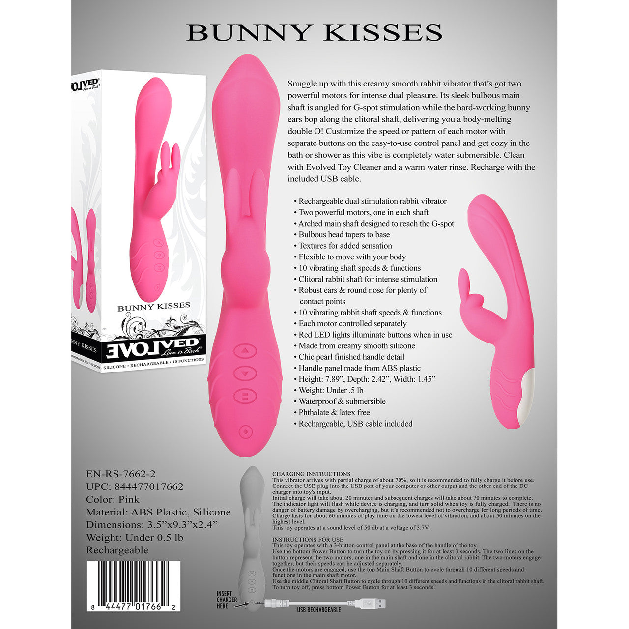 Bunny Kisses Rechargeable Waterproof Silicone Rabbit Style Vibrator By Evolved Novelties - Pink