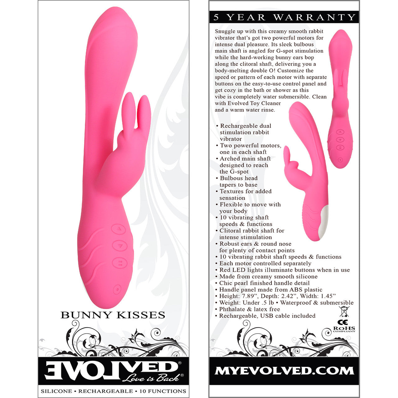 Bunny Kisses Rechargeable Waterproof Silicone Rabbit Style Vibrator By Evolved Novelties - Pink