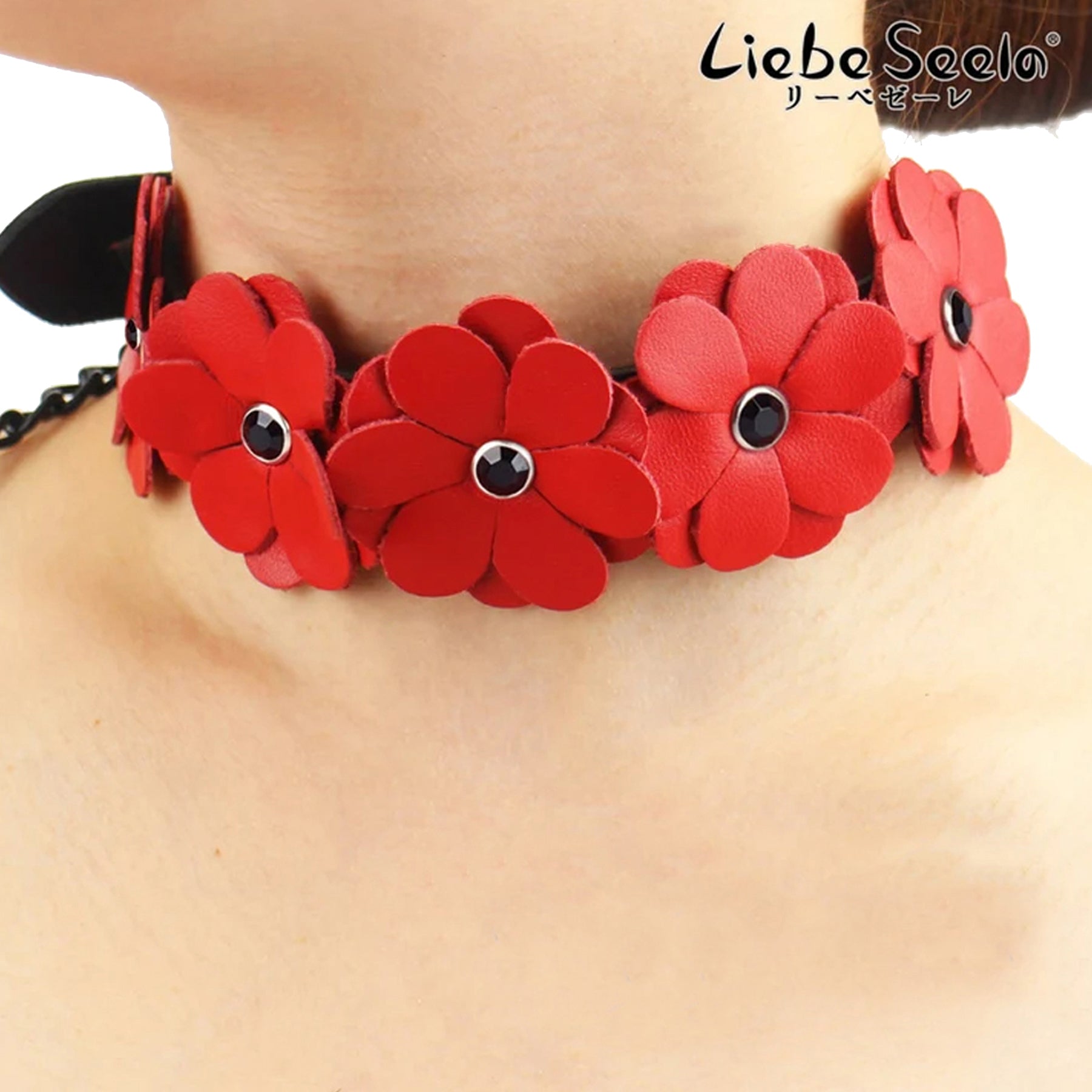 Red Leather Flowers Collar With Leash By Liebe Seele