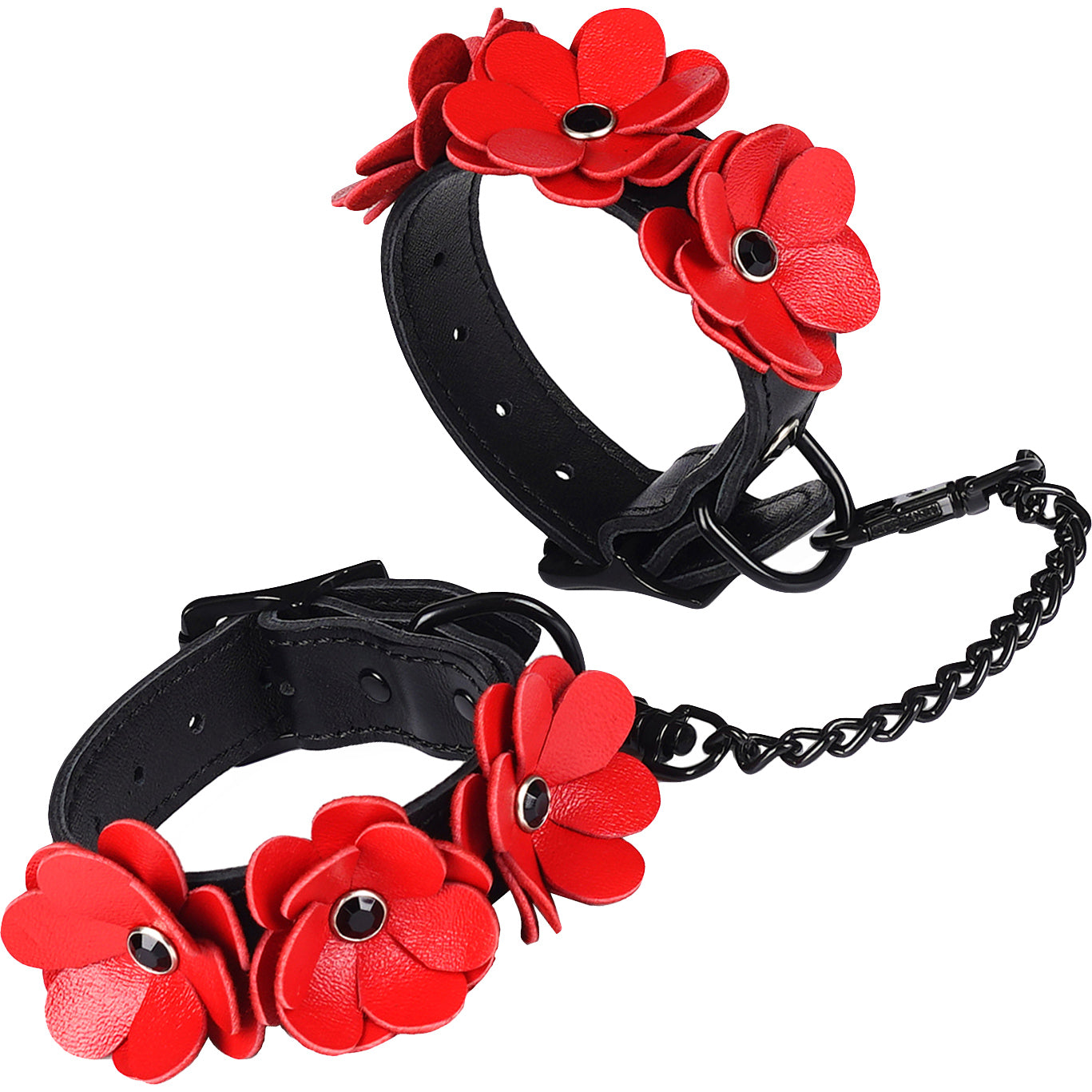 Red Leather Flowers Hand Cuffs By Liebe Seele