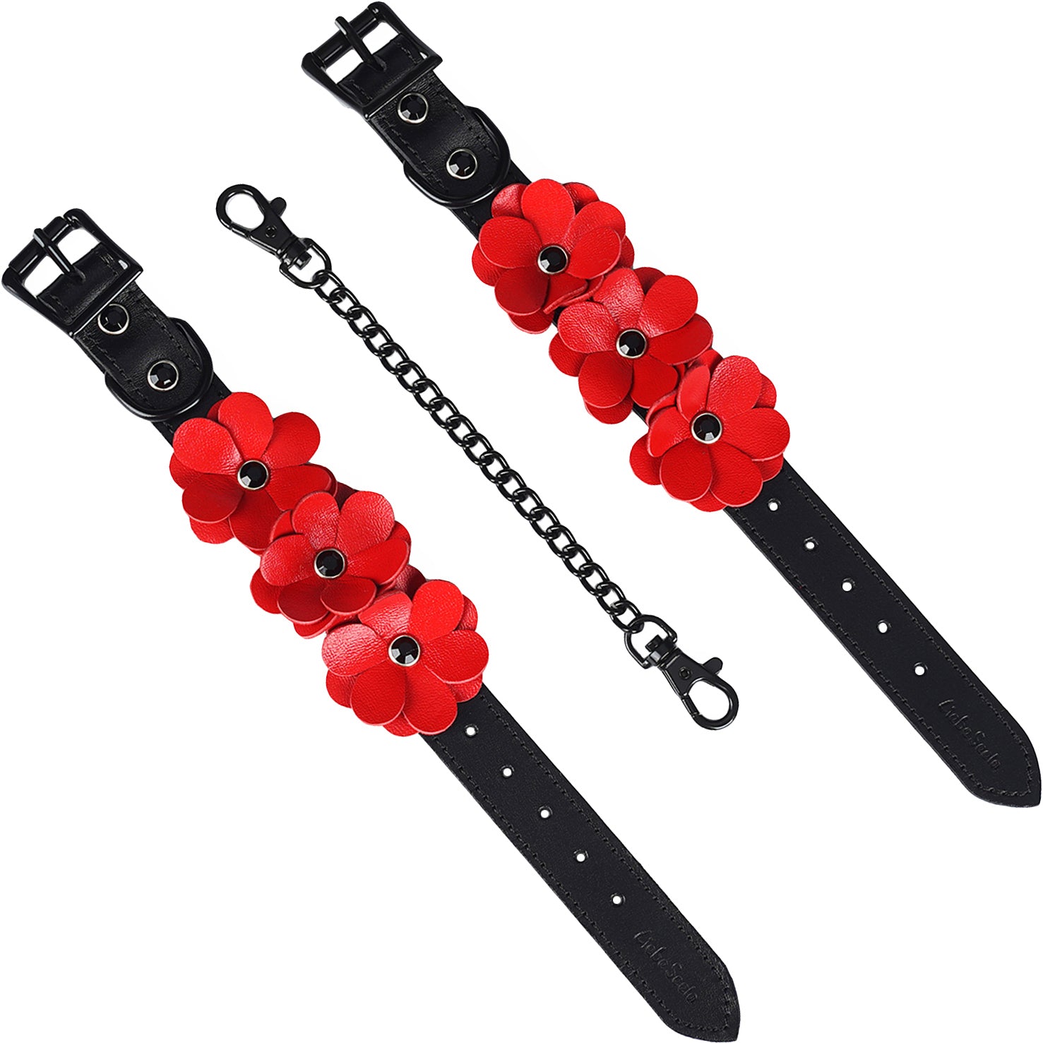 Red Leather Flowers Hand Cuffs By Liebe Seele