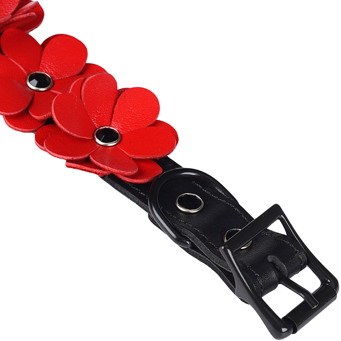Red Leather Flowers Hand Cuffs By Liebe Seele