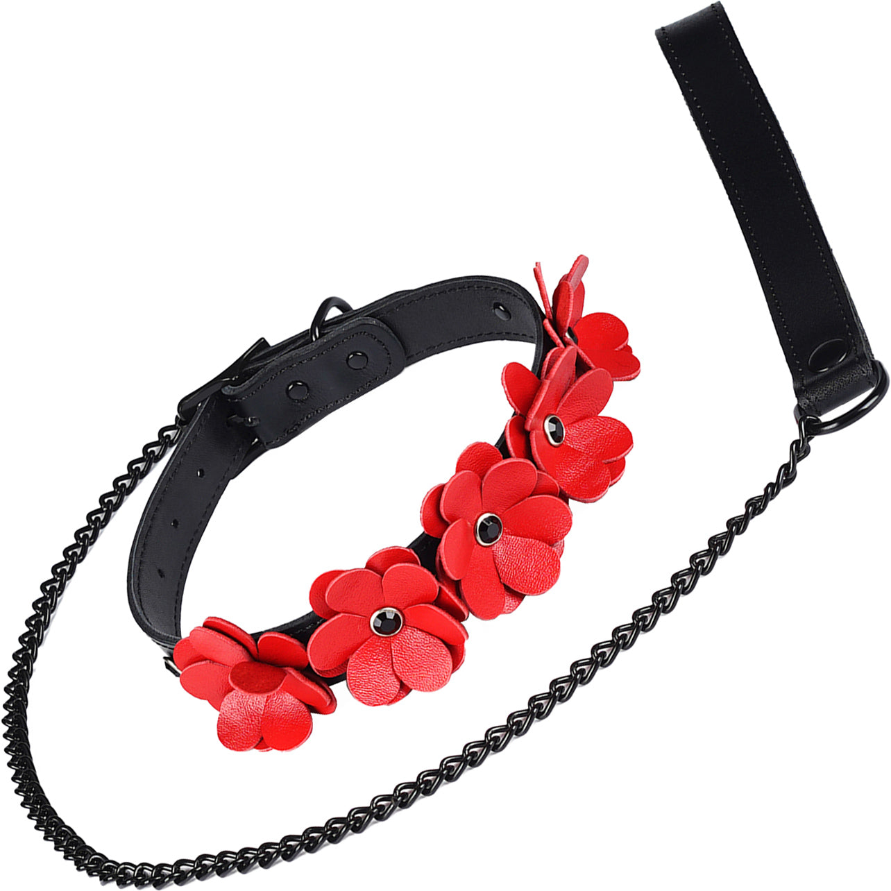 Red Leather Flowers Collar With Leash By Liebe Seele