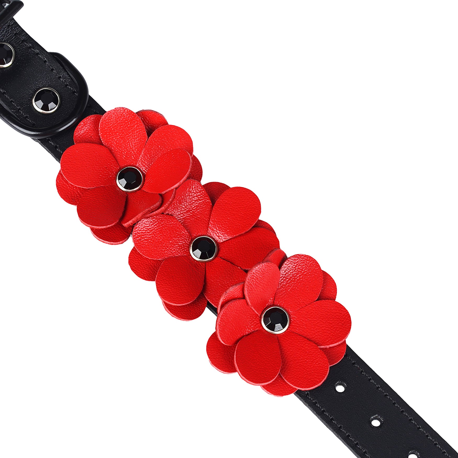 Red Leather Flowers Hand Cuffs By Liebe Seele