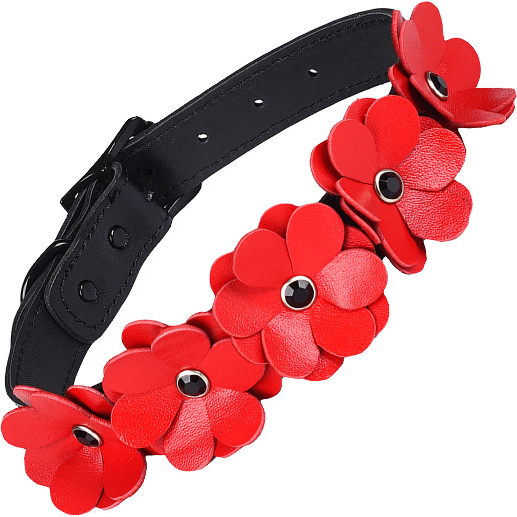 Red Leather Flowers Collar With Leash By Liebe Seele