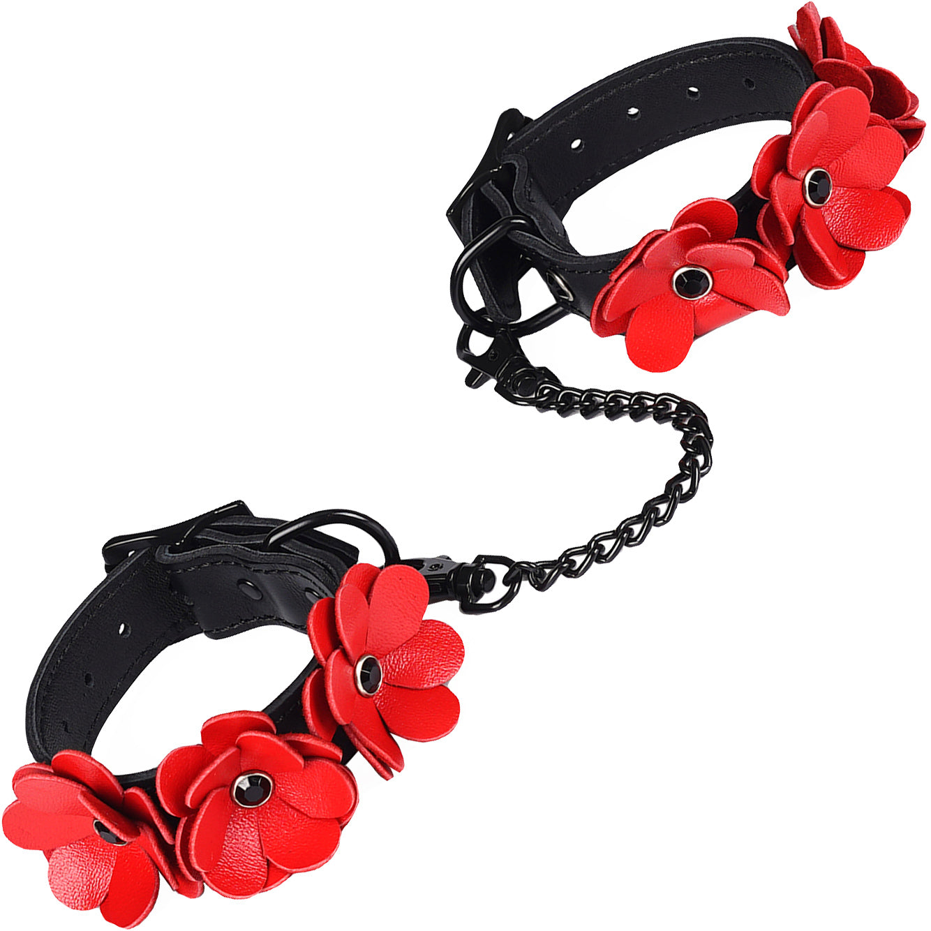 Red Leather Flowers Hand Cuffs By Liebe Seele