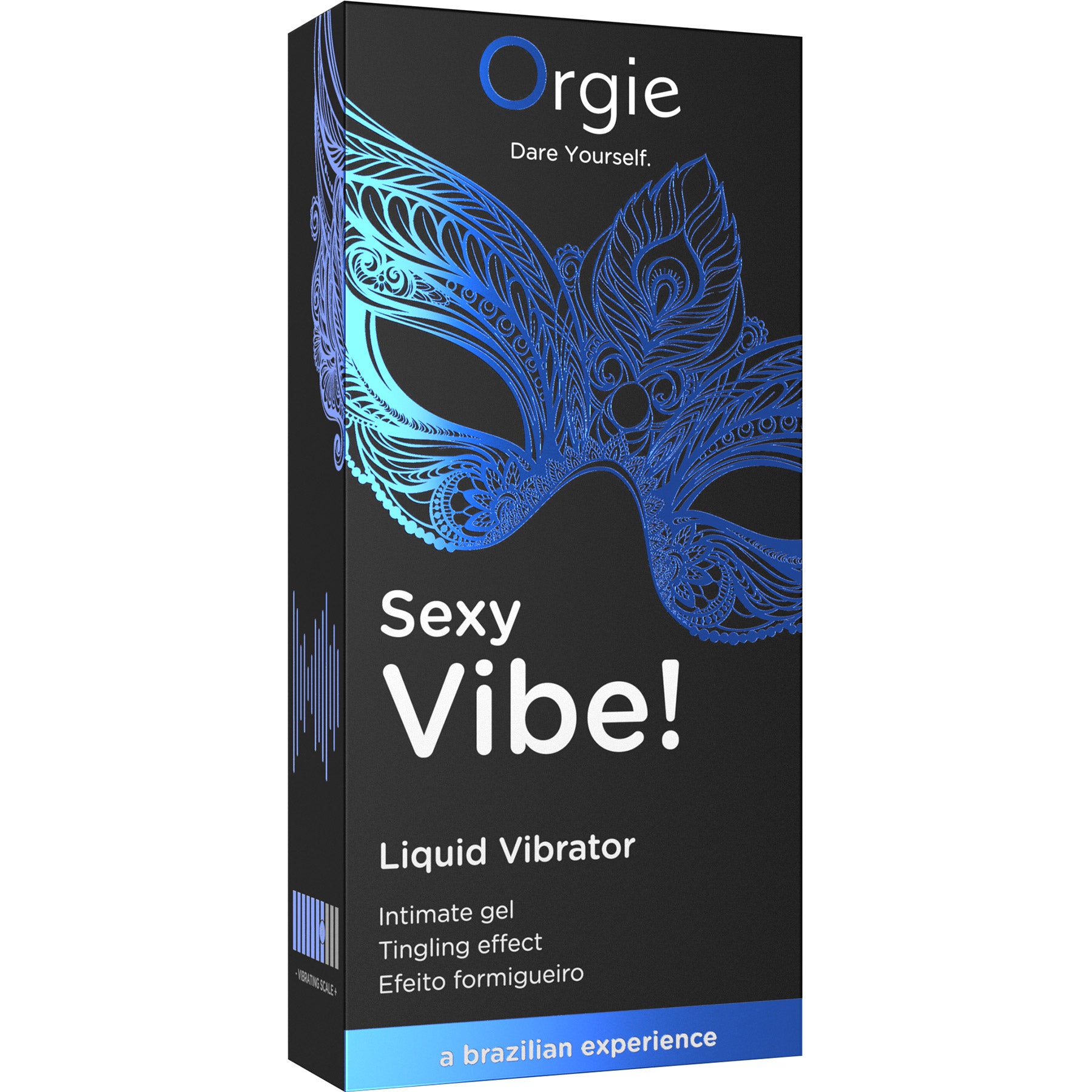 Box of 'Sexy Vibe! Liquid Vibrator' with blue mask design on a black background