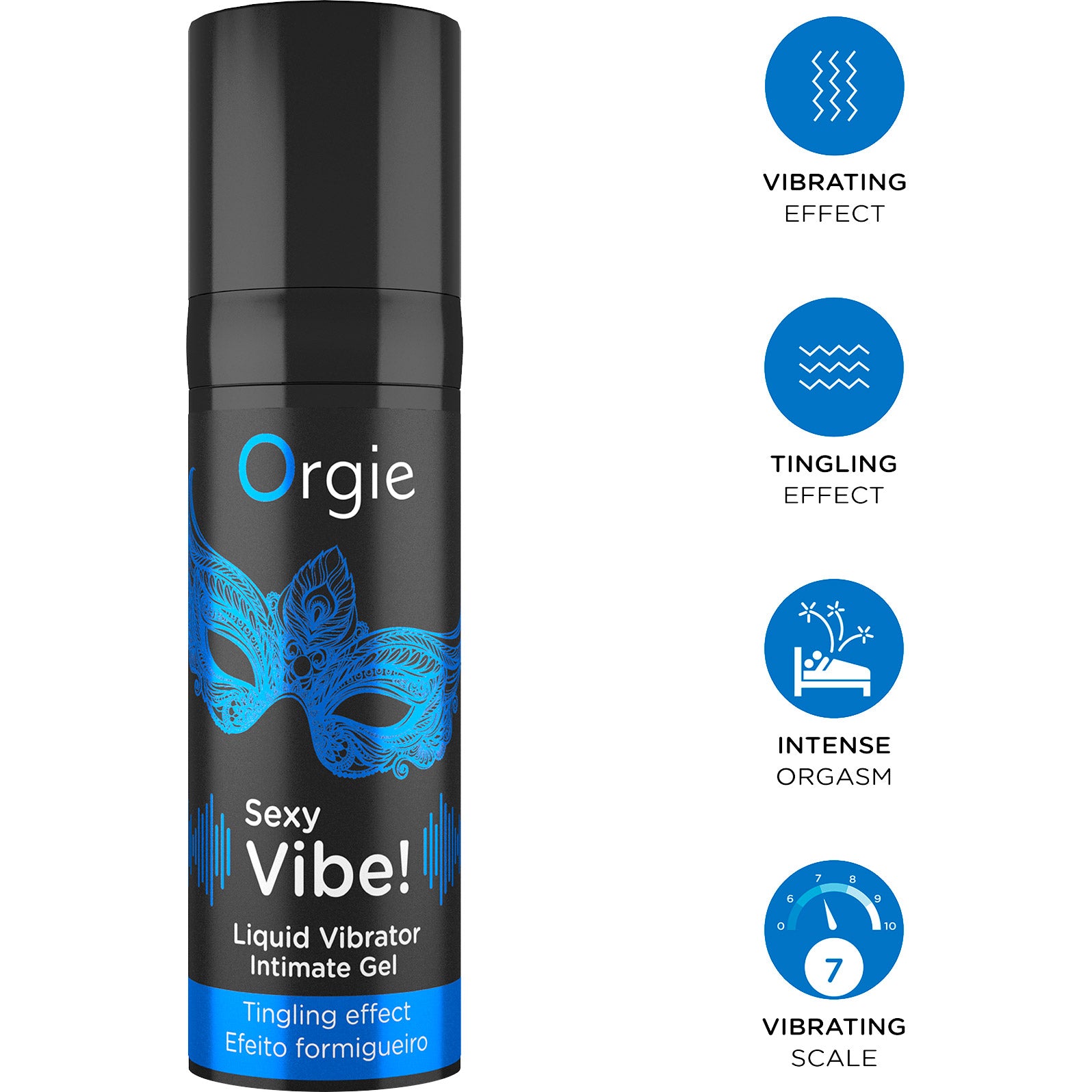 Orgie Sexy Vibe liquid vibrator intimate gel can with blue mask design on a white background