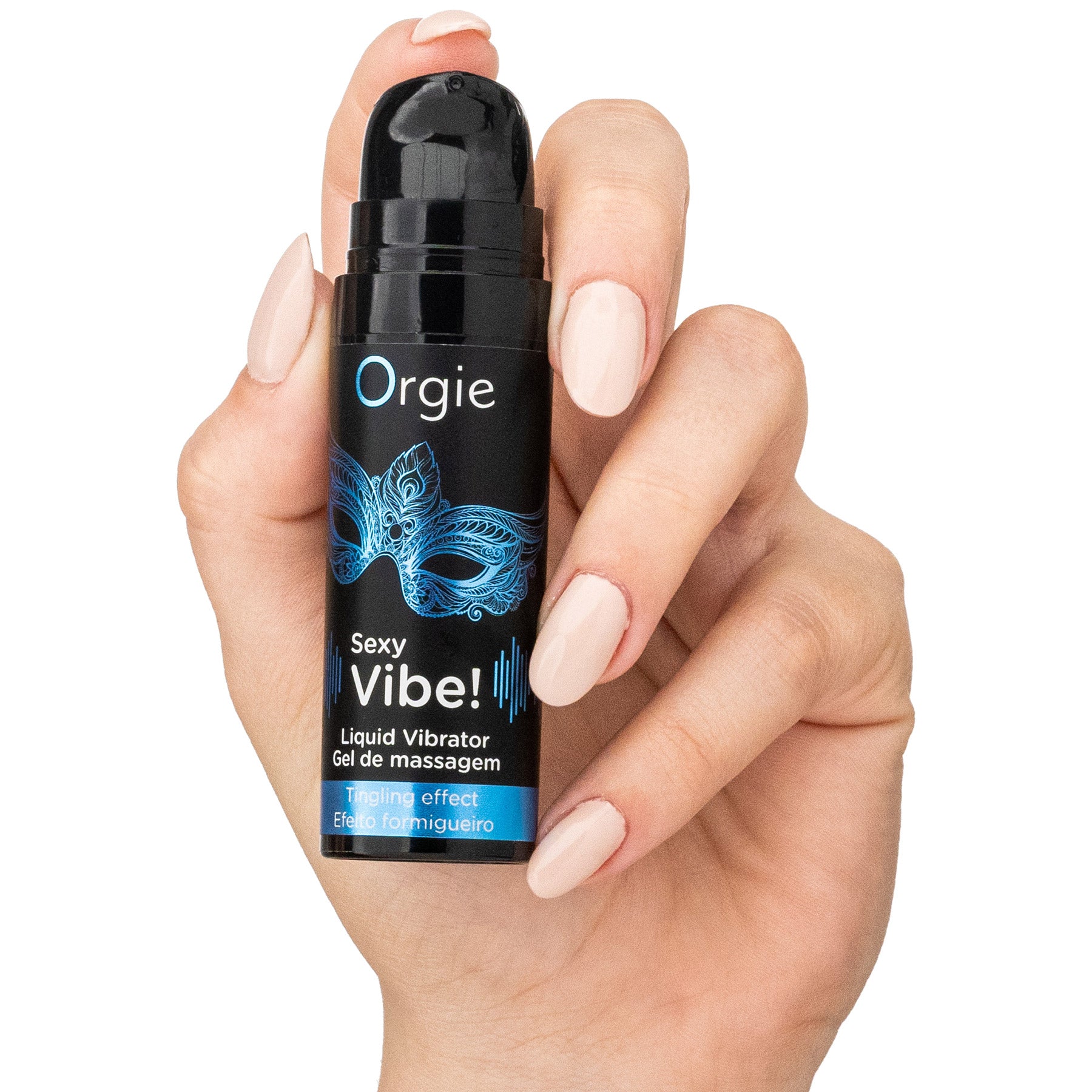Hand holding a bottle of Orgie Sexy Vibe liquid vibrator with a white background