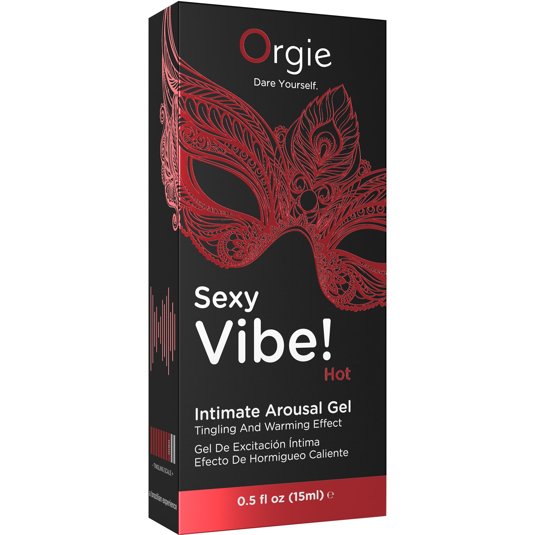 Box of Orgie Sexy Vibe! Intimate Arousal Gel with red mask design on black background