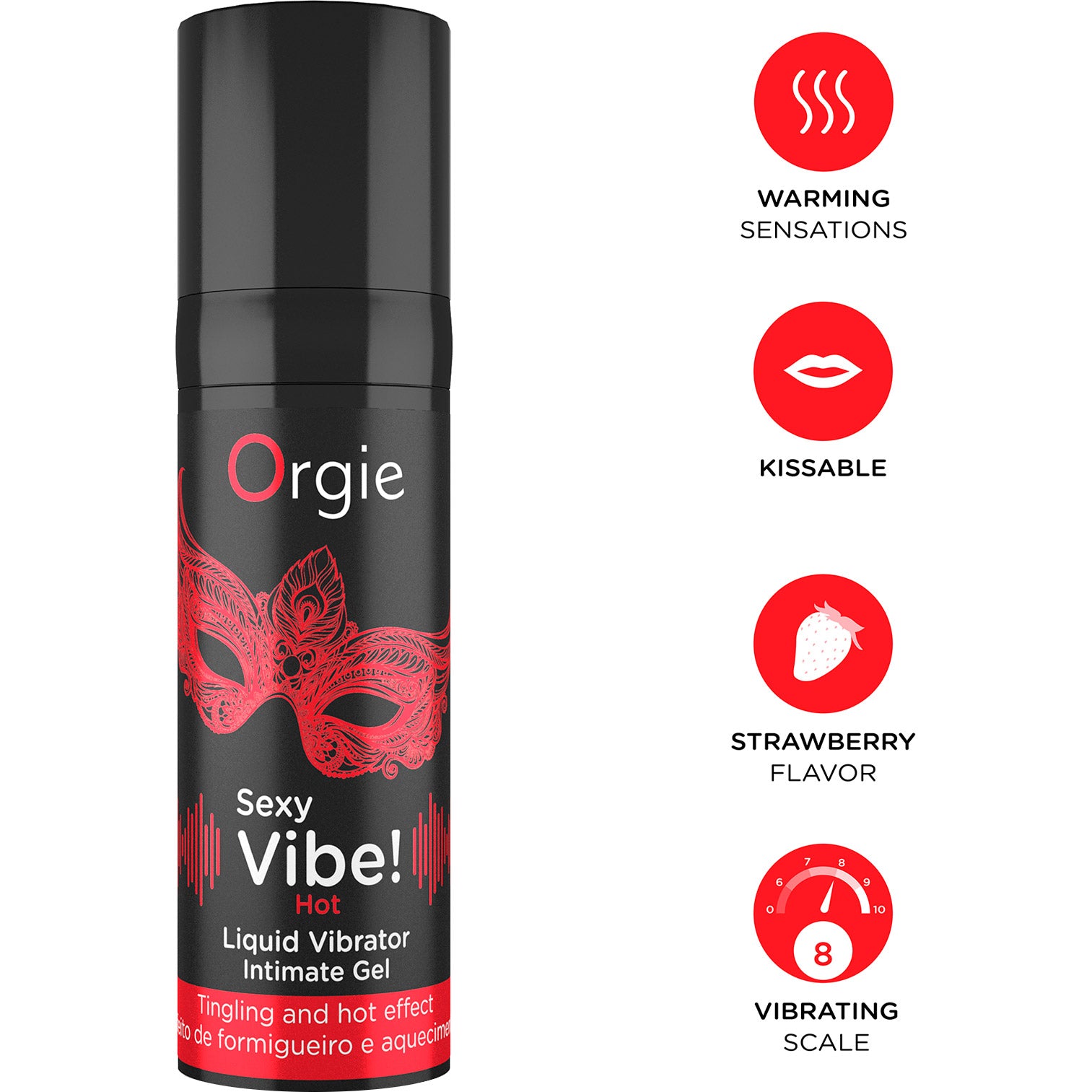 Orgie Sexy Vibe! Hot liquid vibrator intimate gel packaging with features listed.