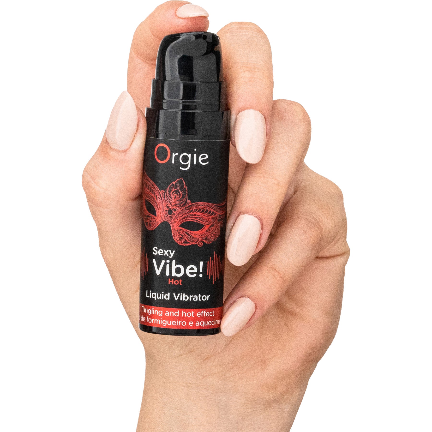 Hand holding a bottle of Orgie Sexy Vibe! Hot Liquid Vibrator against a white background
