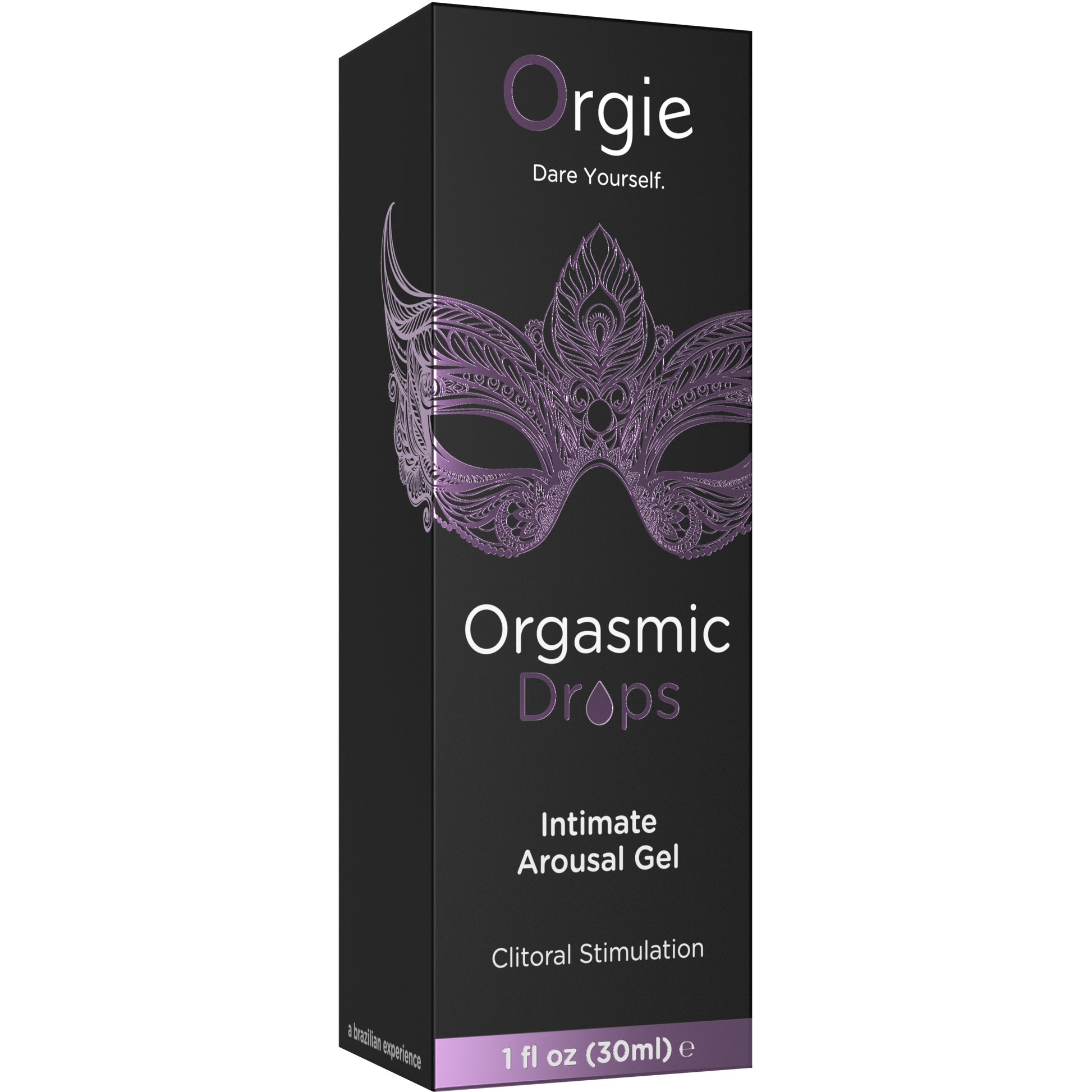 Box of Orgasmic Drops intimate arousal gel with a purple mask design on a black background