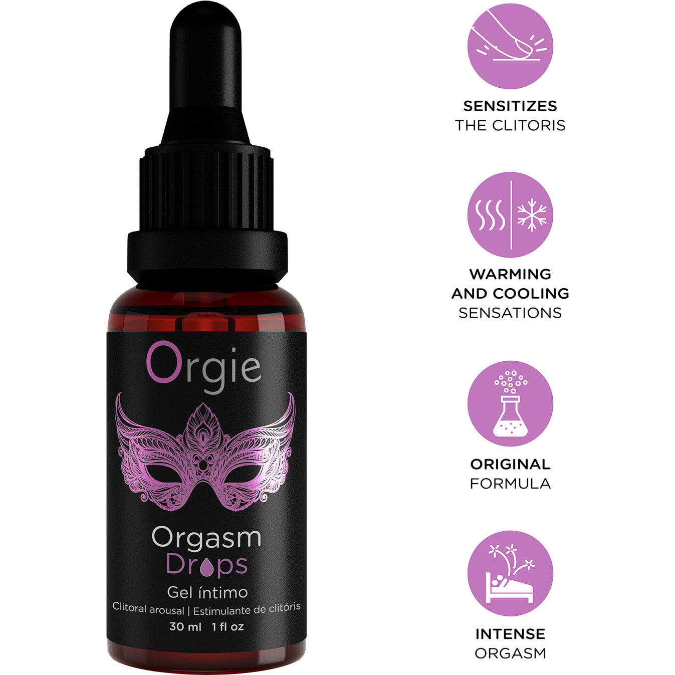 Bottle of Orgie Orgasm Drops with product features on a white background