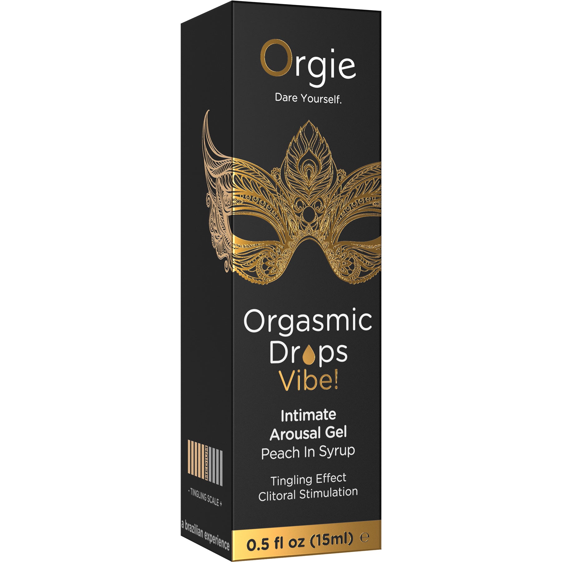 Box of Orgie Orgasmic Drops Vibe intimate arousal gel with gold mask design on black background