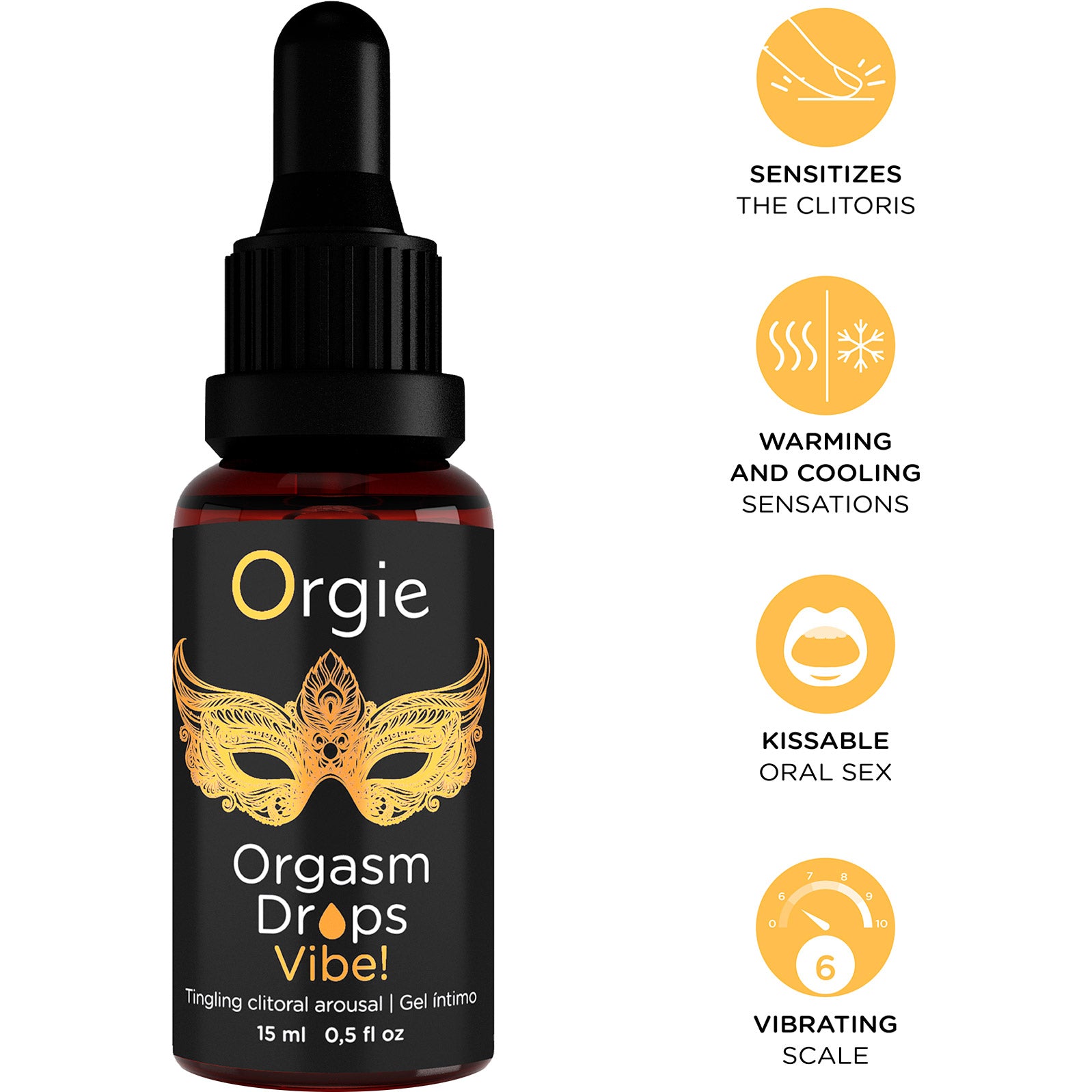 Bottle of Orgie Orgasm Drops Vibe with features listed on a white background