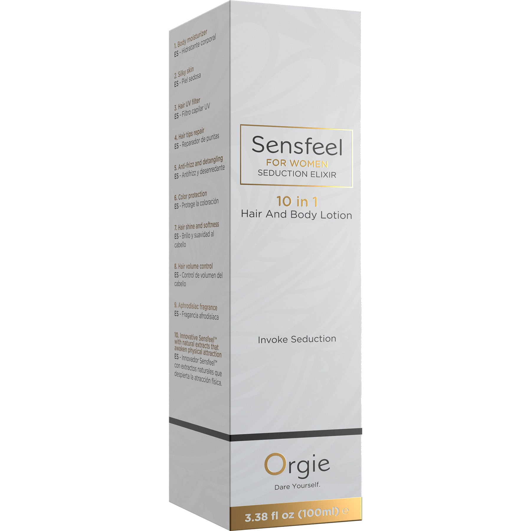 Sensfeel hair and body lotion packaging on a white background