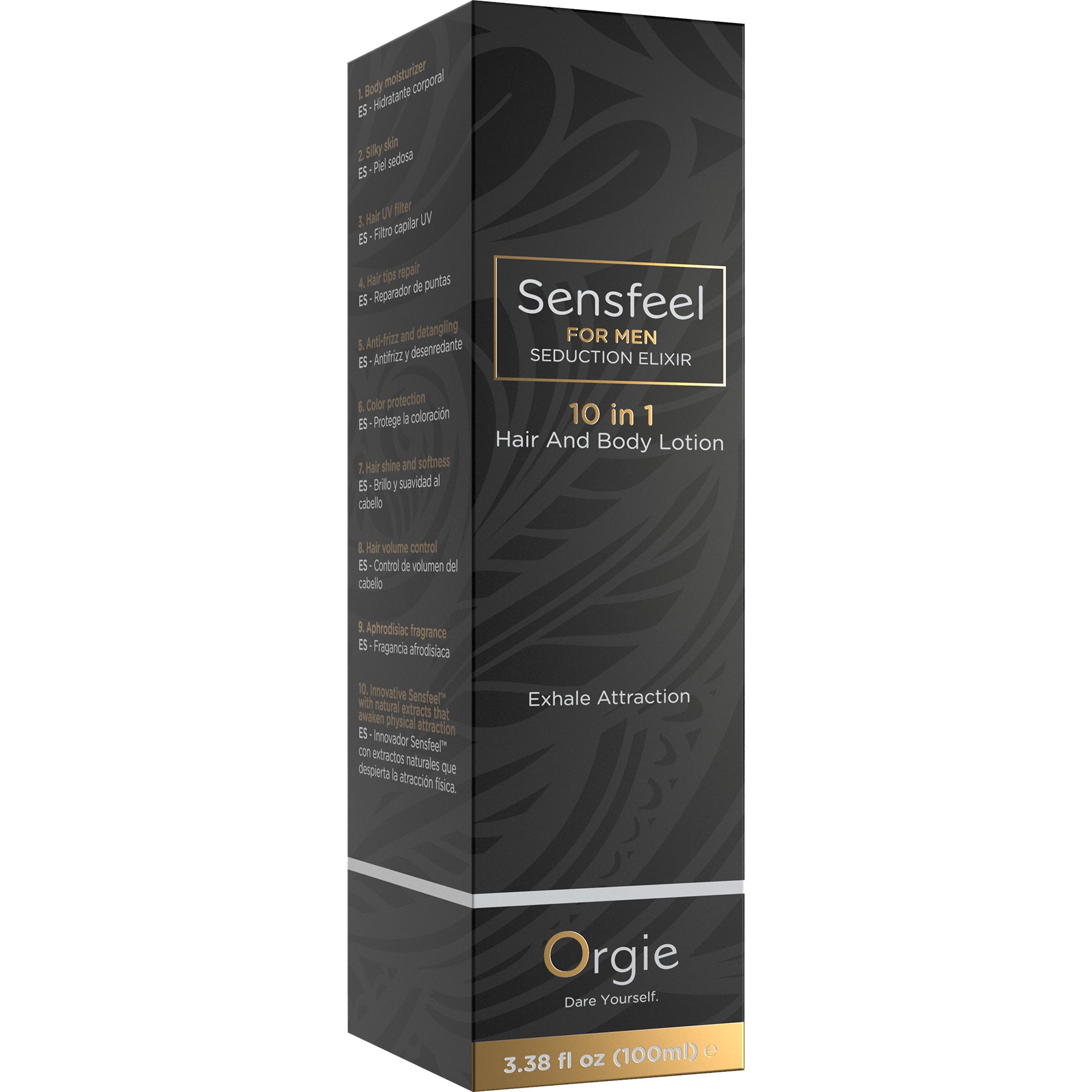 Sensfeel for men hair and body lotion packaging on a white background
